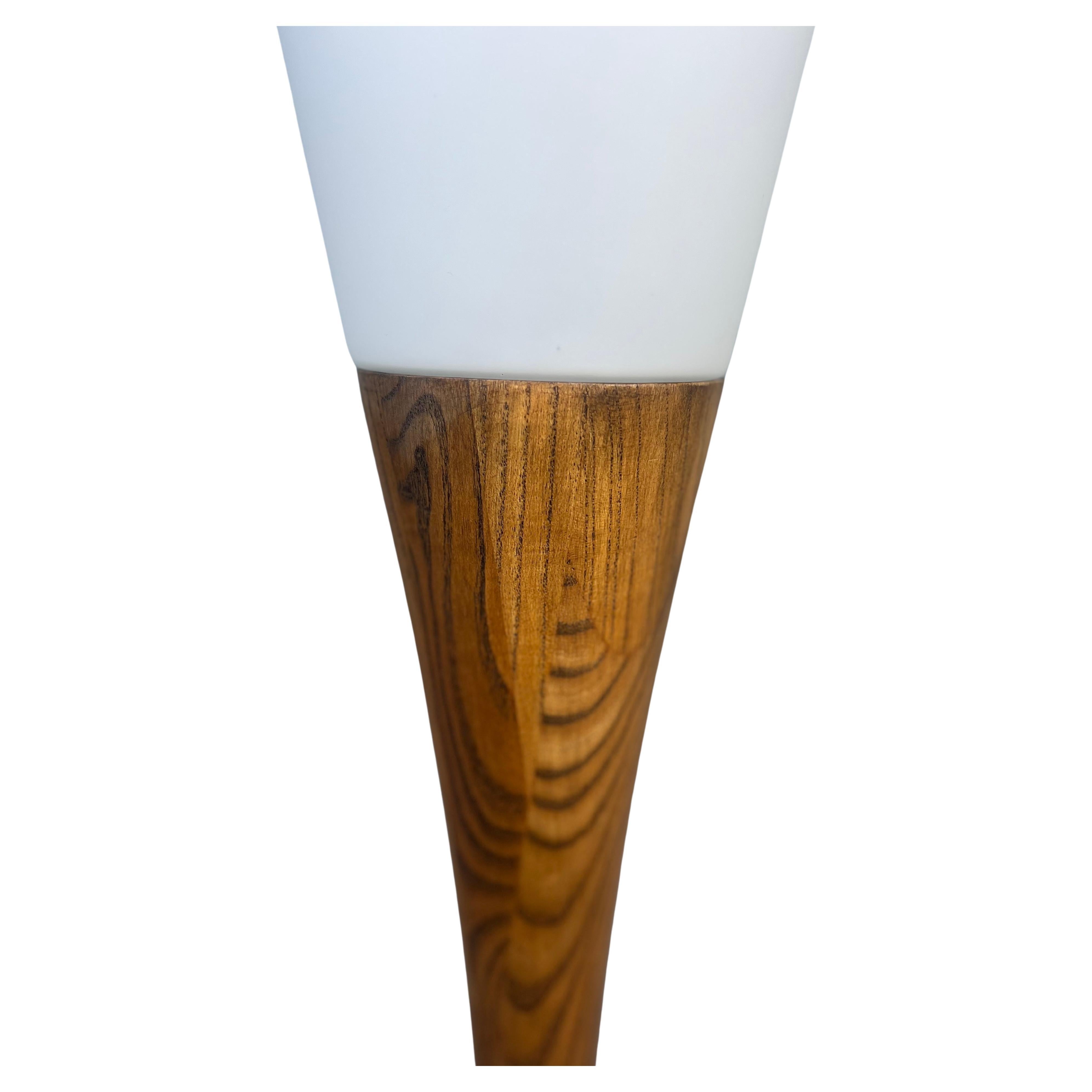 1970's Solid Walnut & Milk Glass Torchiere Floor Lamp In Excellent Condition In San Diego, CA