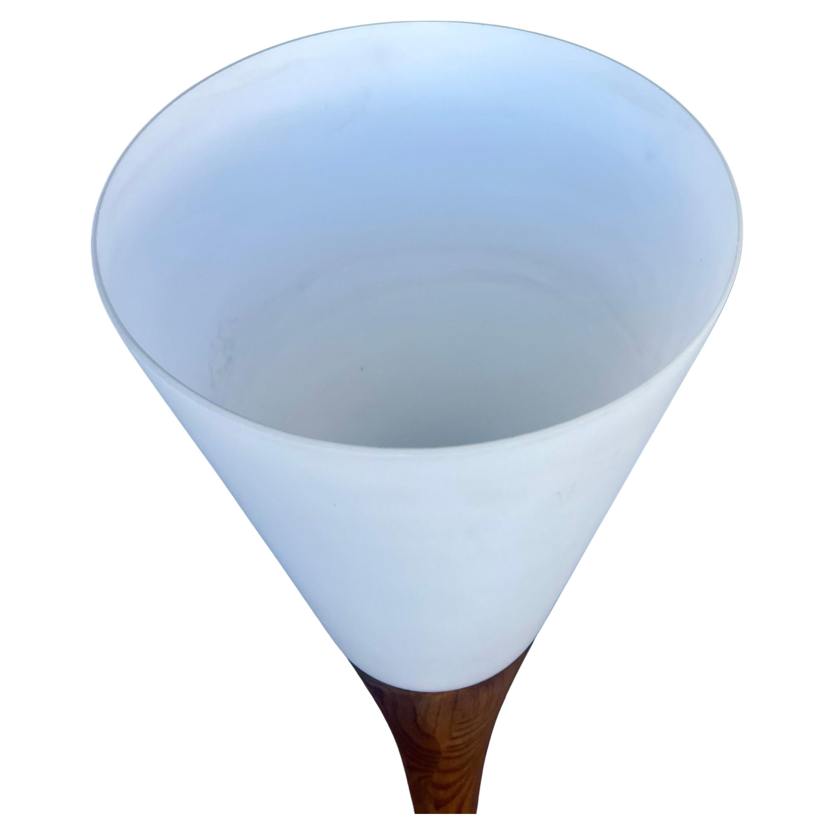 20th Century 1970's Solid Walnut & Milk Glass Torchiere Floor Lamp