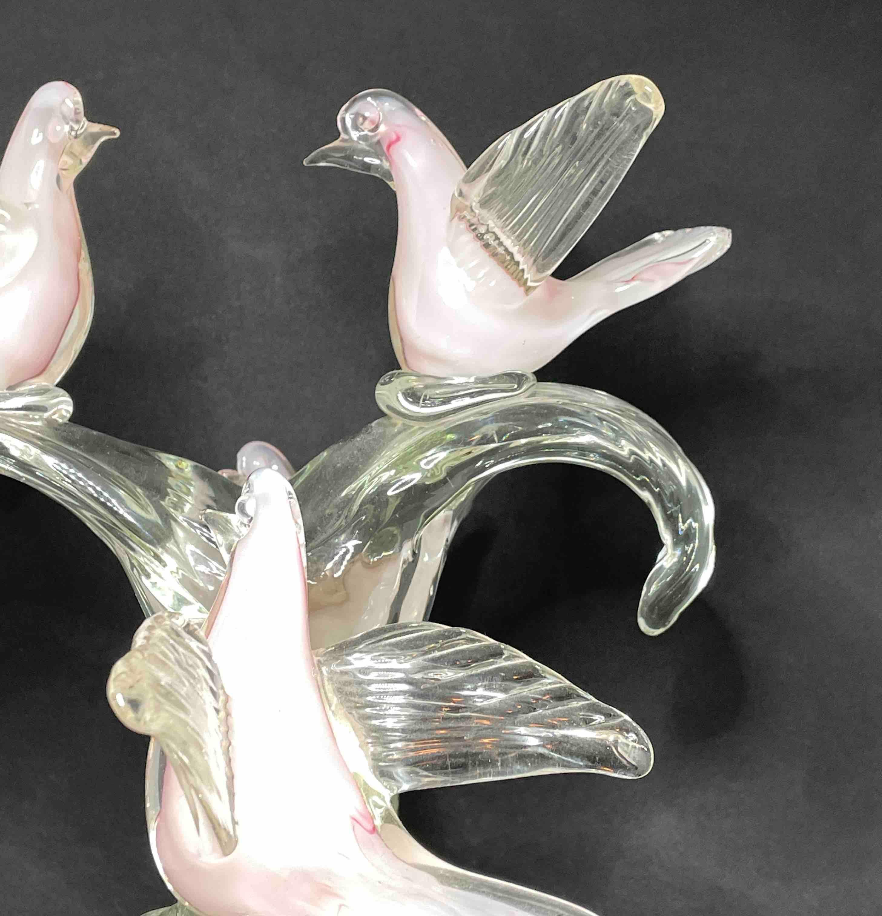 1970's Sommerso Murano Glass, Birds, Doves on a Tree, Sculpture For Sale 3