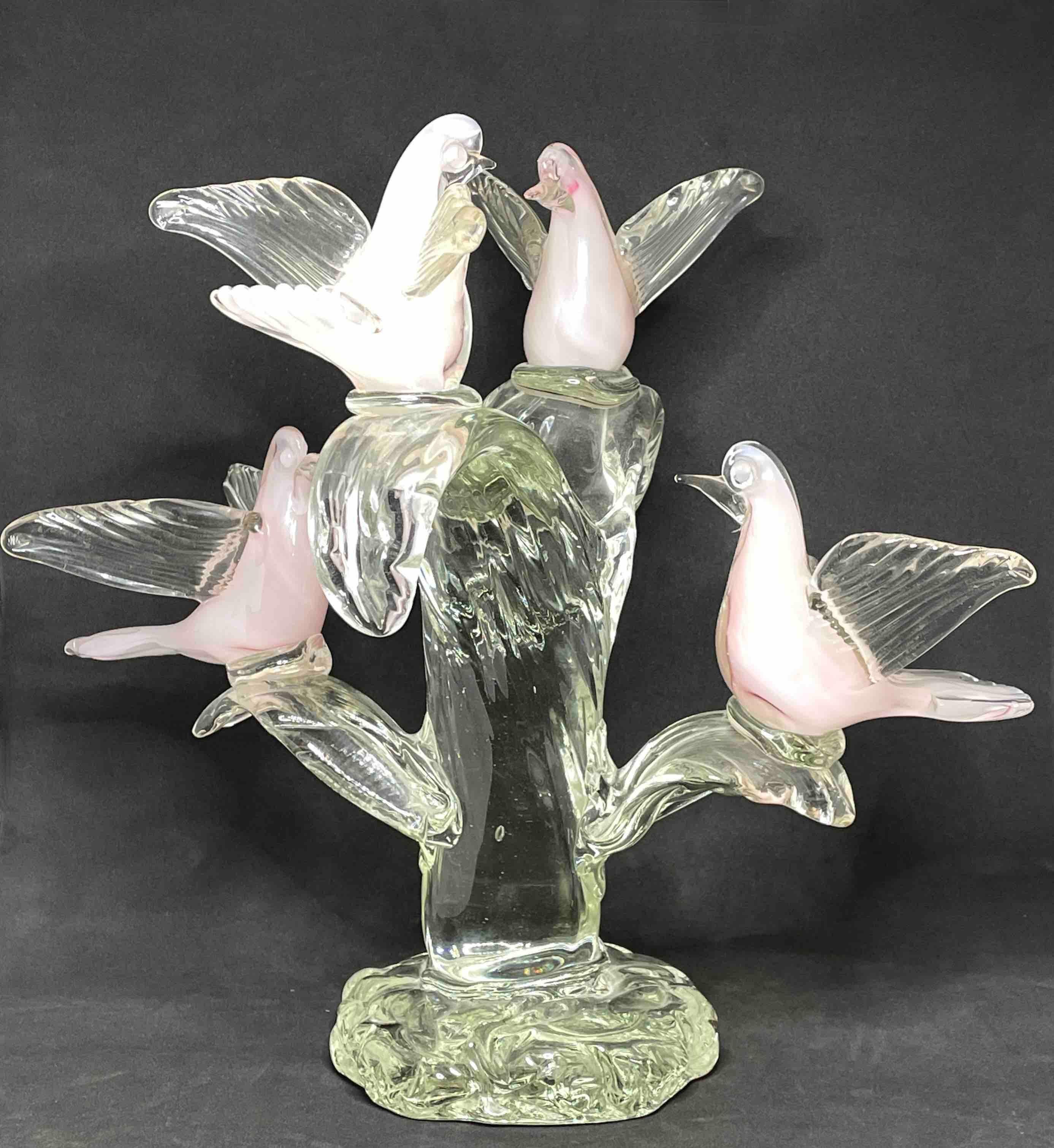 Modern 1970's Sommerso Murano Glass, Birds, Doves on a Tree, Sculpture For Sale