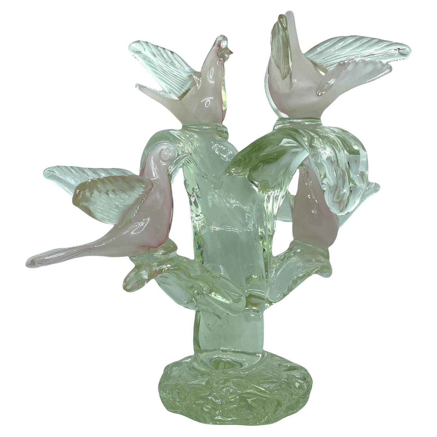 1970's Sommerso Murano Glass, Birds, Doves on a Tree, Sculpture For Sale