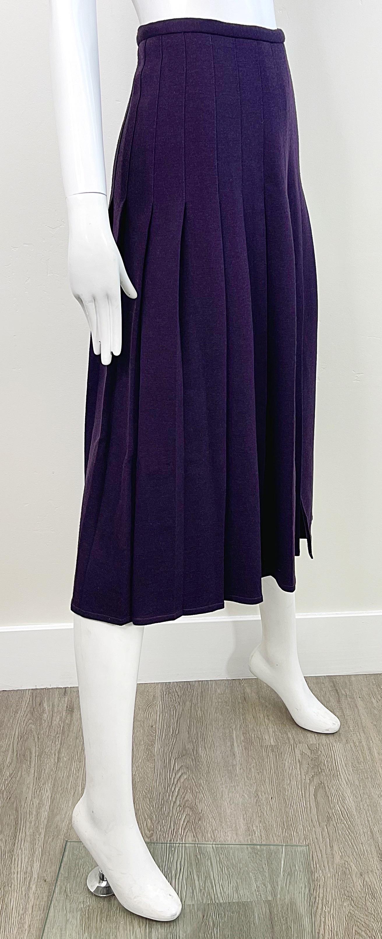 Sonia Rykiel - Jupe midi en laine plissée violette à motif aubergine, vintage, années 1970 en vente 5