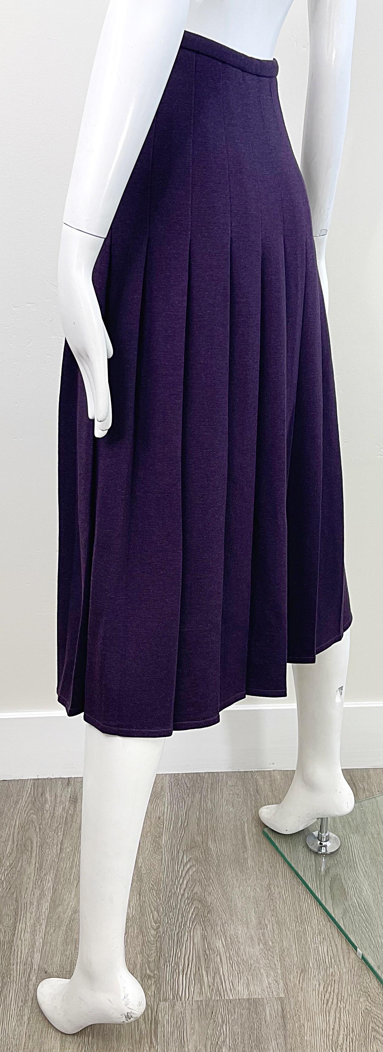 1970s Sonia Rykiel Purple Eggplant Vintage 70s Pleated Wool Midi Skirt For Sale 5