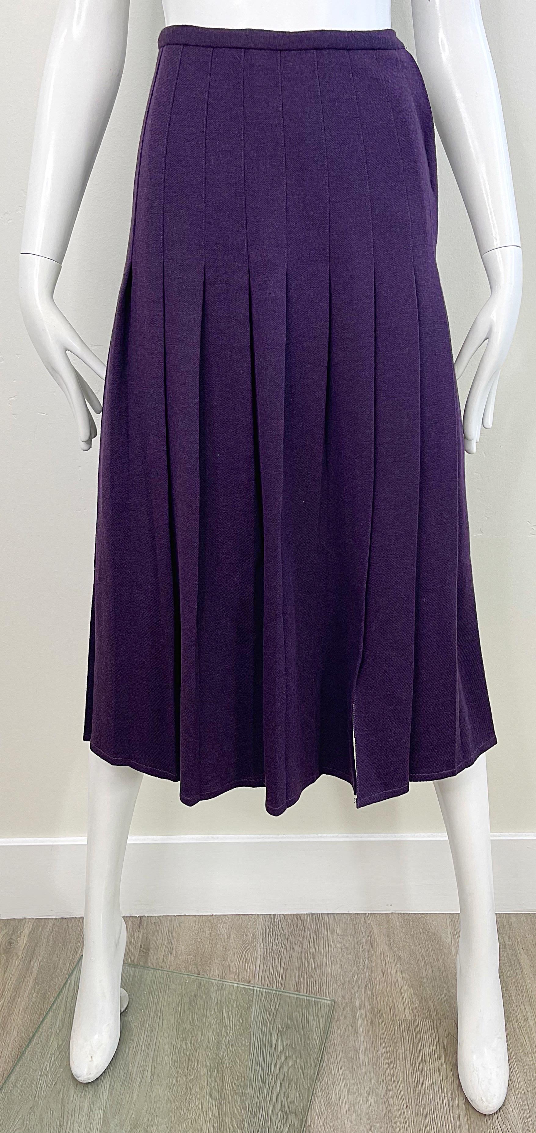 1970s Sonia Rykiel Purple Eggplant Vintage 70s Pleated Wool Midi Skirt For Sale 7