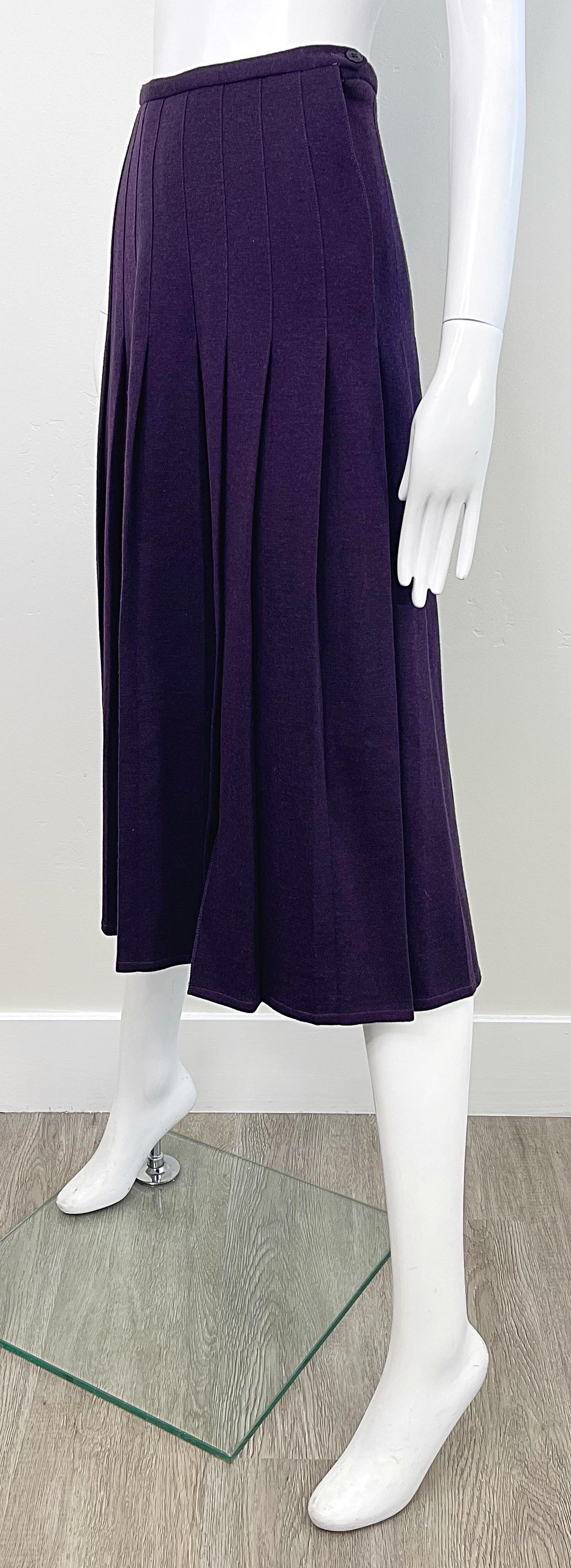 1970s Sonia Rykiel Purple Eggplant Vintage 70s Pleated Wool Midi Skirt In Excellent Condition For Sale In San Diego, CA