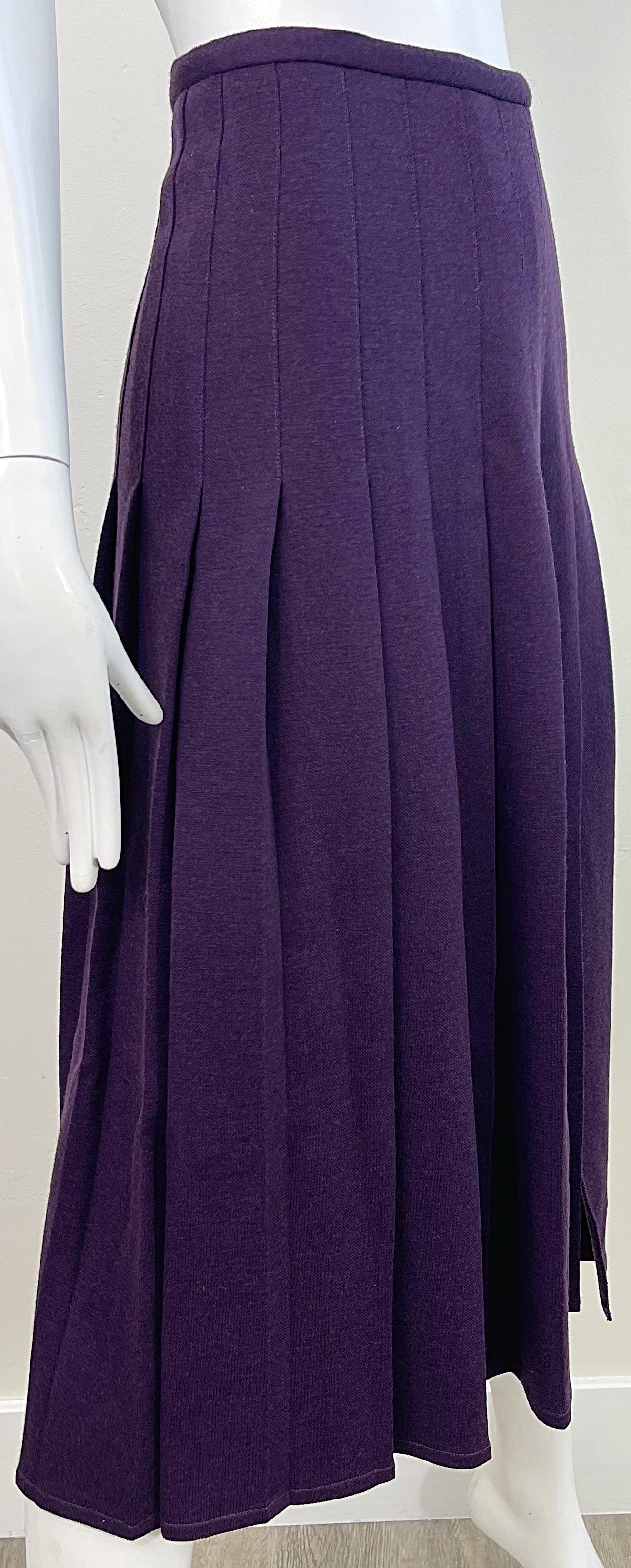 Women's 1970s Sonia Rykiel Purple Eggplant Vintage 70s Pleated Wool Midi Skirt For Sale