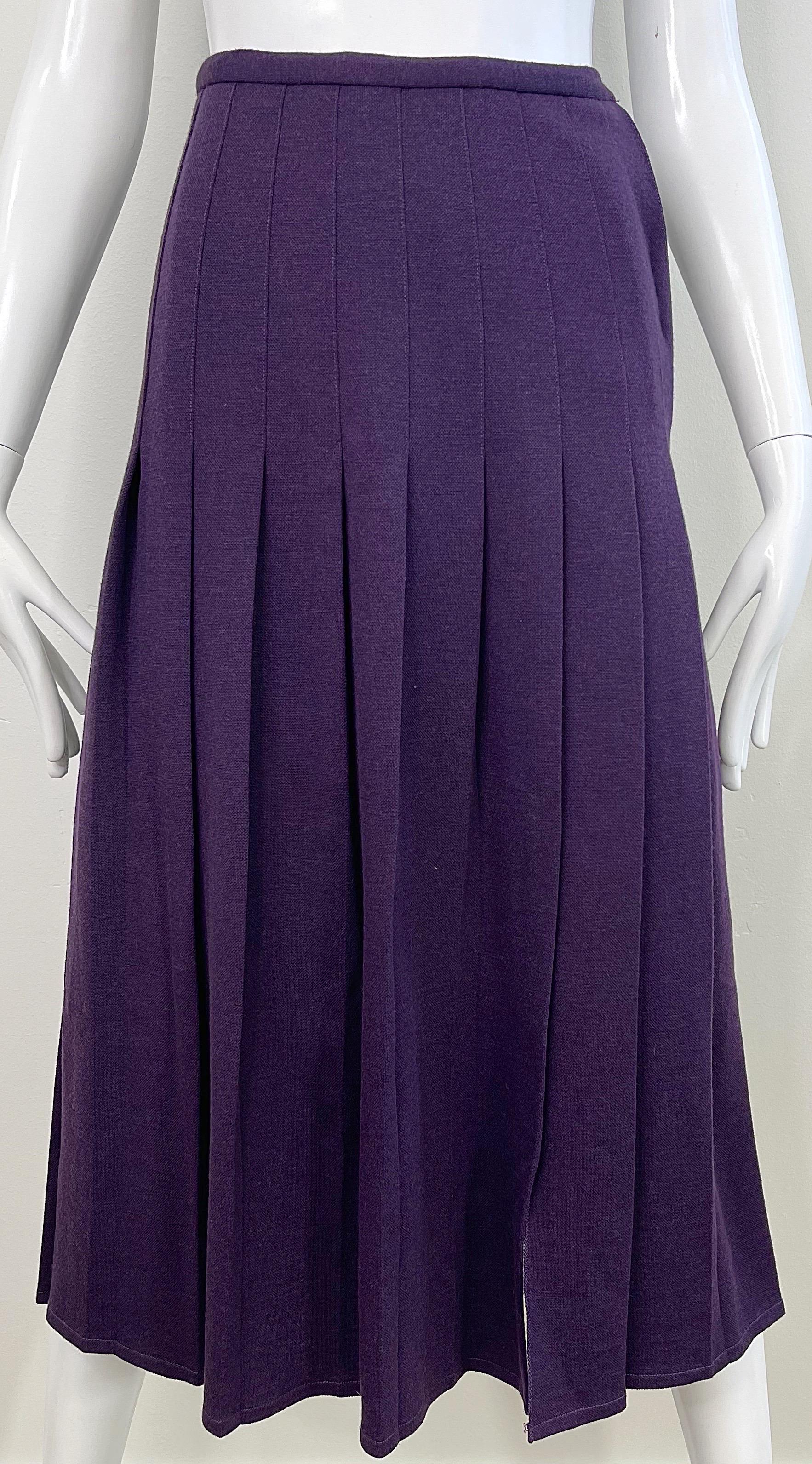 Sonia Rykiel - Jupe midi en laine plissée violette à motif aubergine, vintage, années 1970 en vente 2