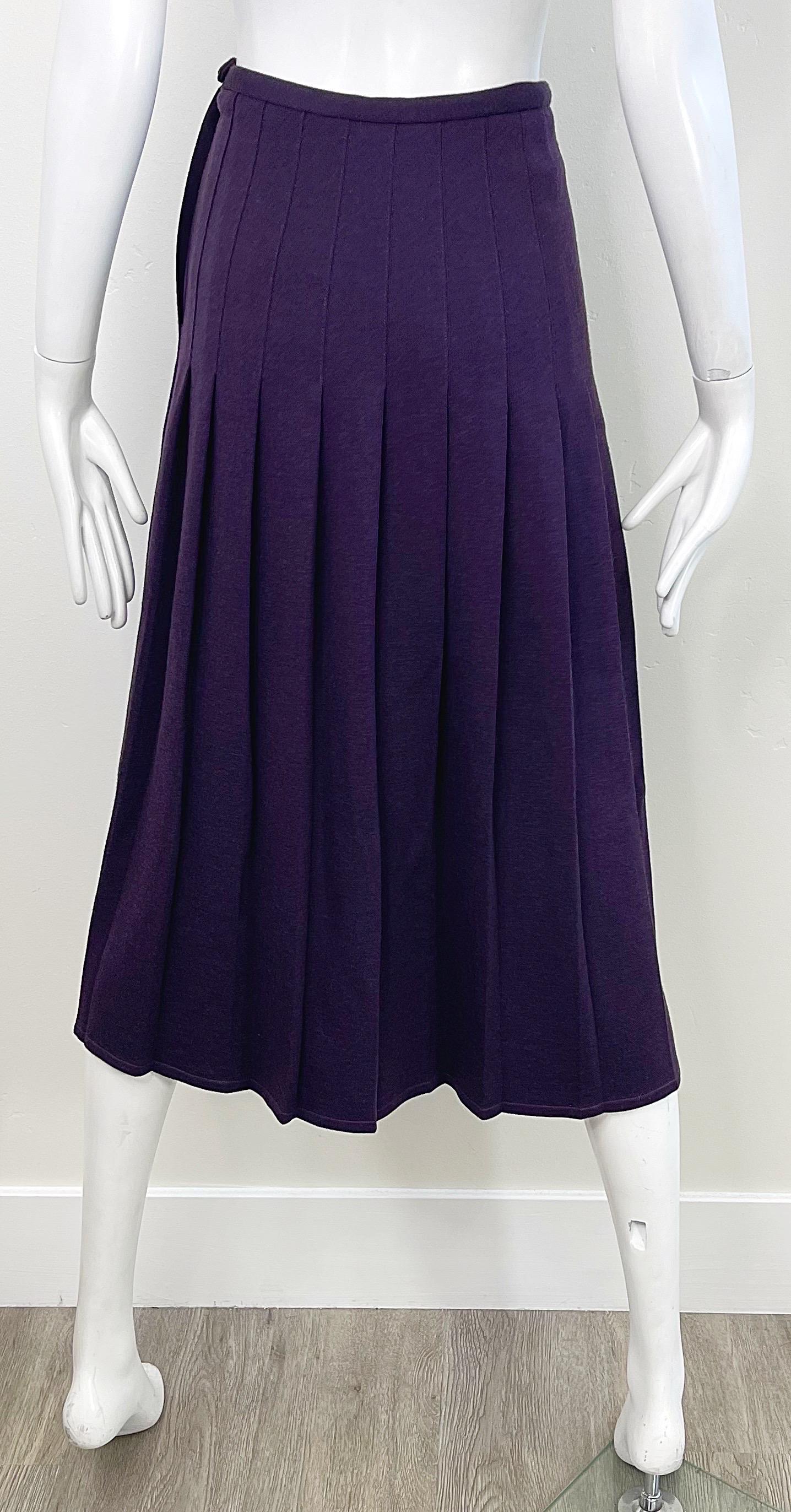 1970s Sonia Rykiel Purple Eggplant Vintage 70s Pleated Wool Midi Skirt For Sale 2