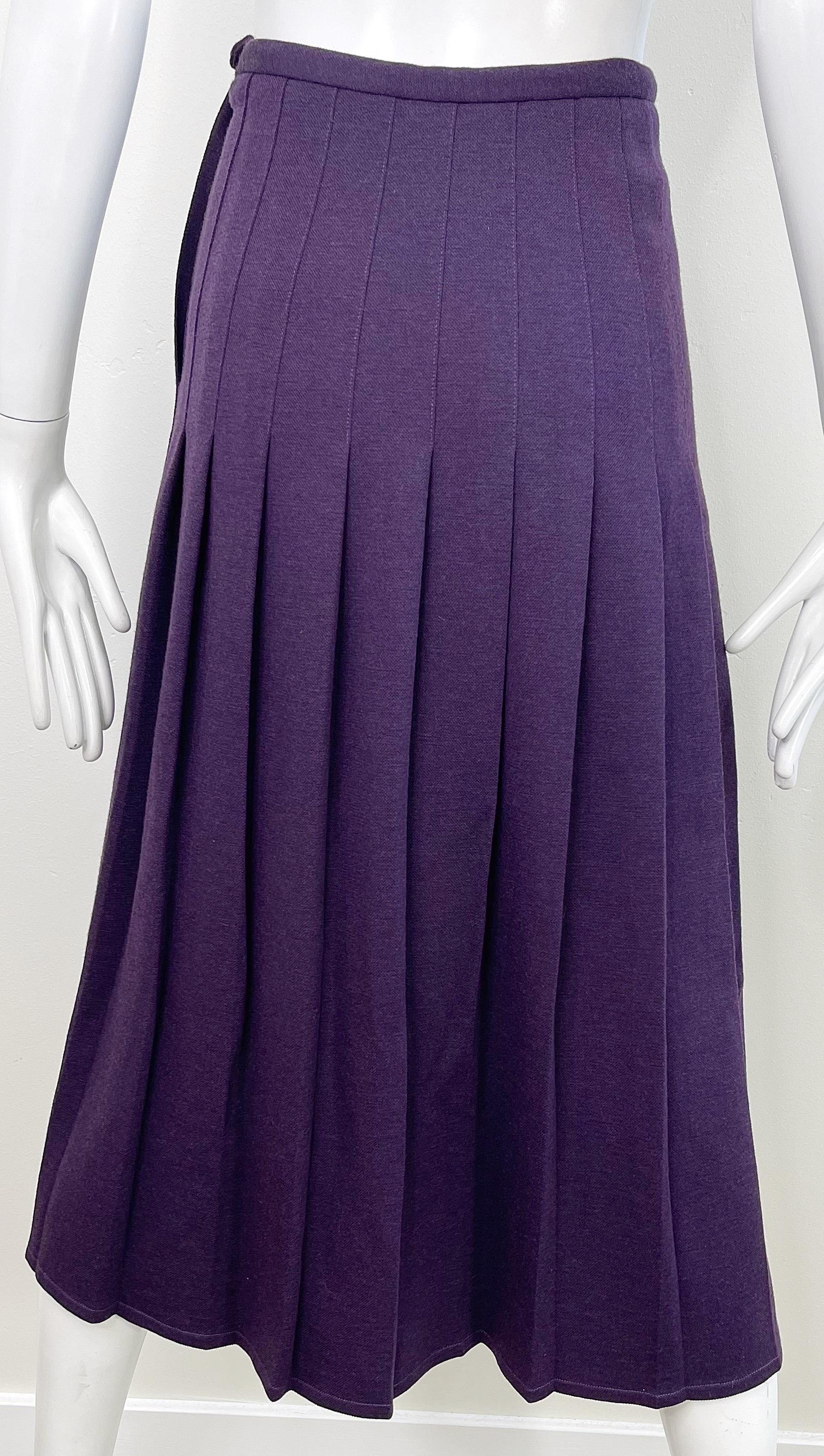 1970s Sonia Rykiel Purple Eggplant Vintage 70s Pleated Wool Midi Skirt For Sale 3