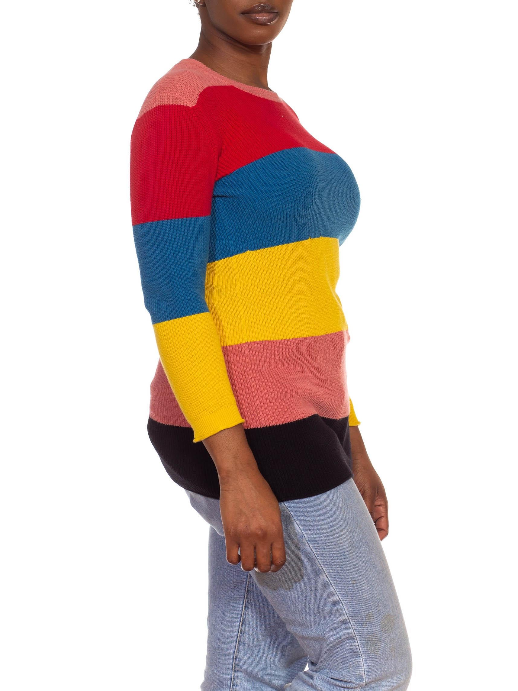 1970S Sonia Rykiel Red Blue & Yellow Multi Cotton Knit Color Blocked Stripe Sweater