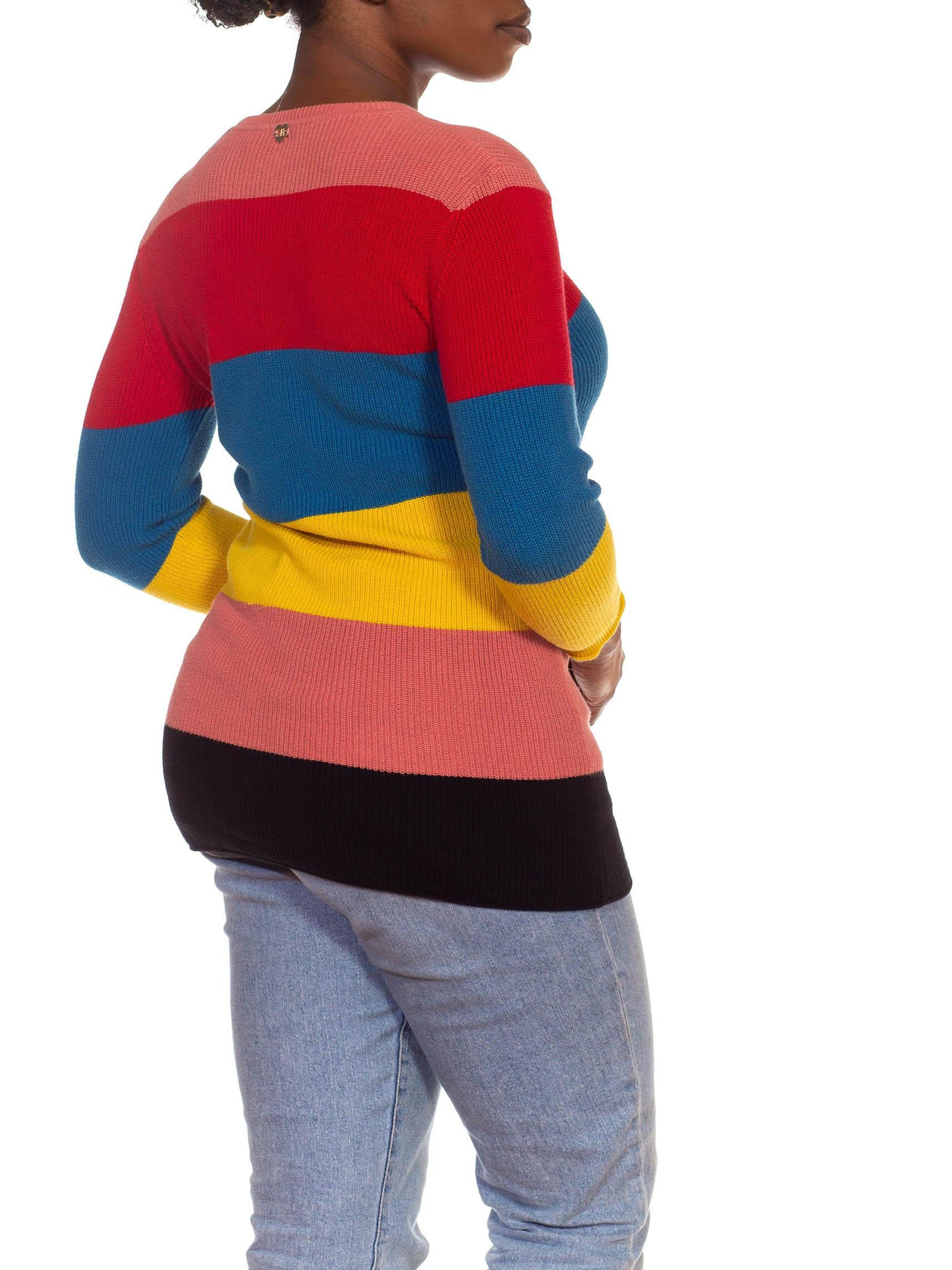 Brown 1970S Sonia Rykiel Red Blue & Yellow Multi Cotton Knit Color Blocked Stripe Swe