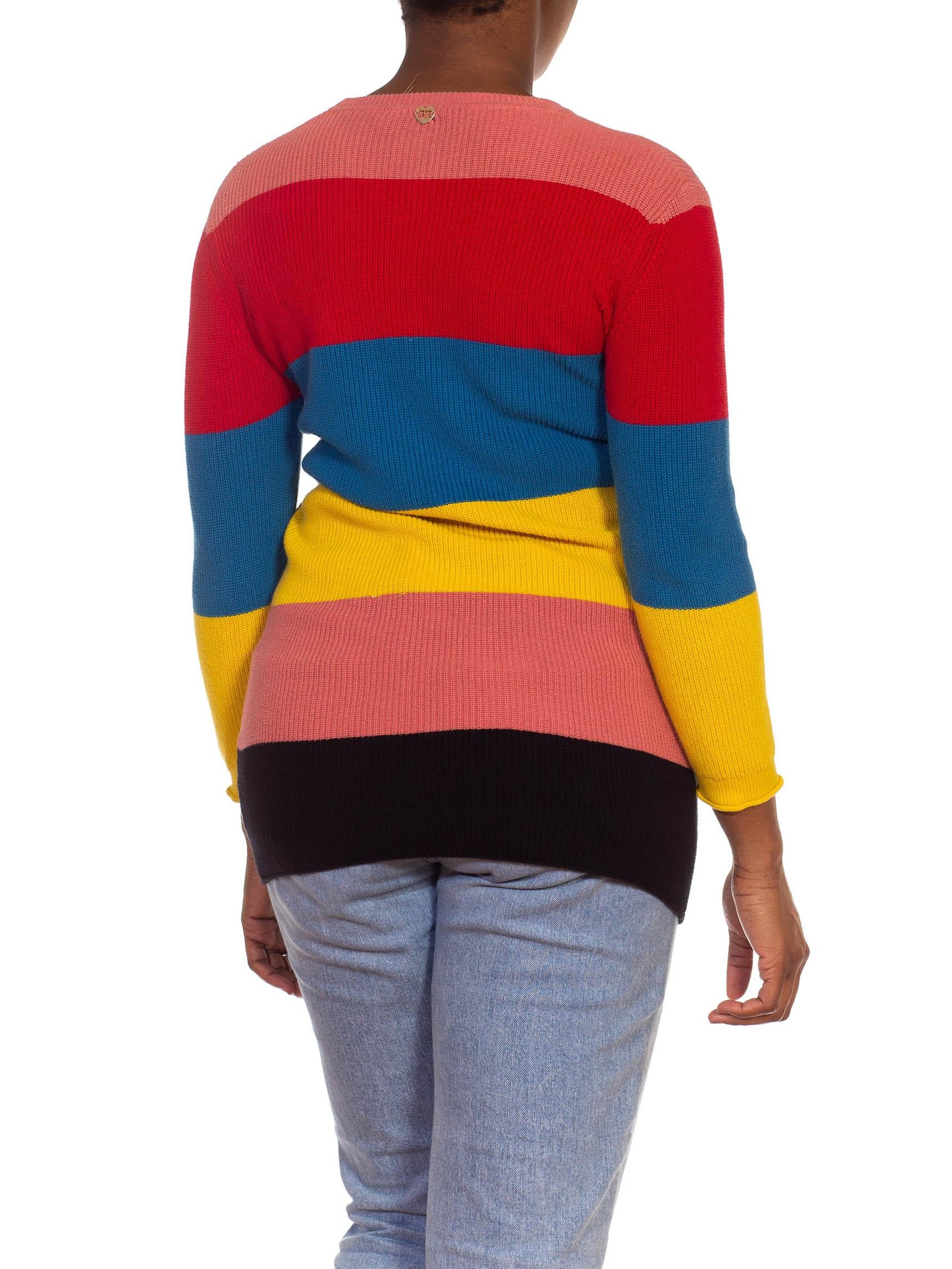 Women's 1970S Sonia Rykiel Red Blue & Yellow Multi Cotton Knit Color Blocked Stripe Swe