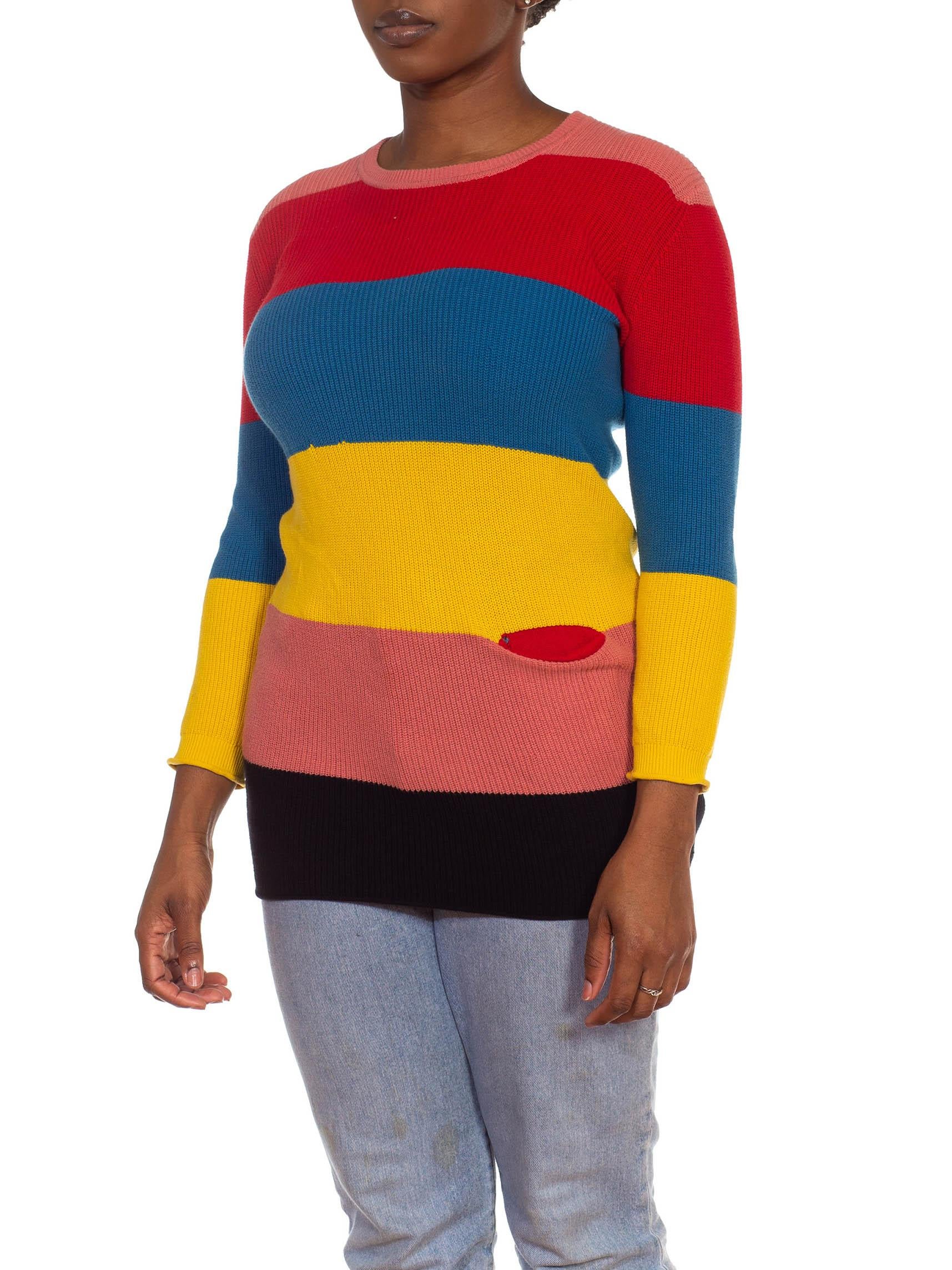 1970S Sonia Rykiel Red Blue & Yellow Multi Cotton Knit Color Blocked Stripe Swe 1