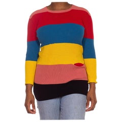 Vintage 1970S Sonia Rykiel Red Blue & Yellow Multi Cotton Knit Color Blocked Stripe Swe