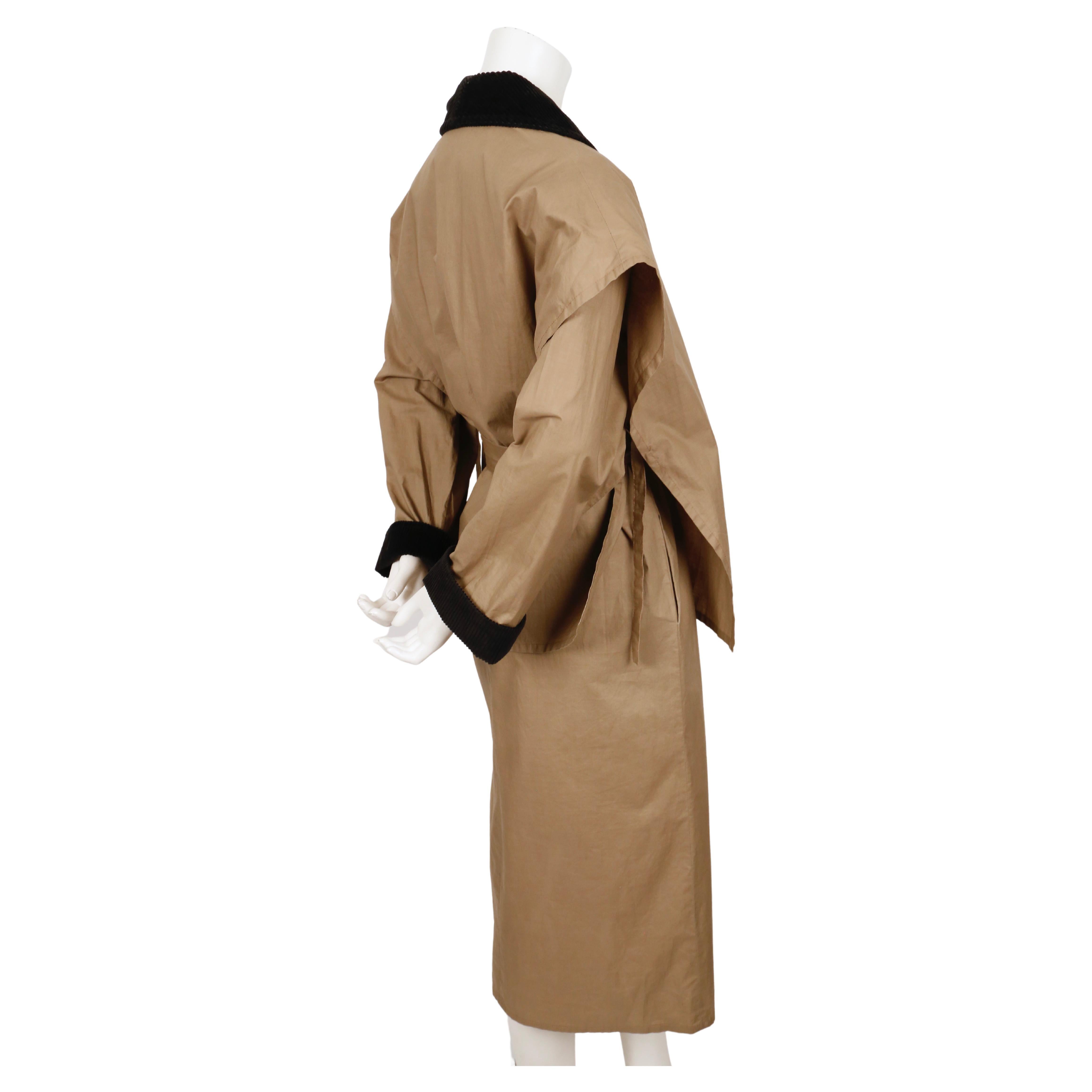 Women's or Men's 1970s SONIA RYKIEL tan lightweight trench coat with black corduroy trim and cape For Sale