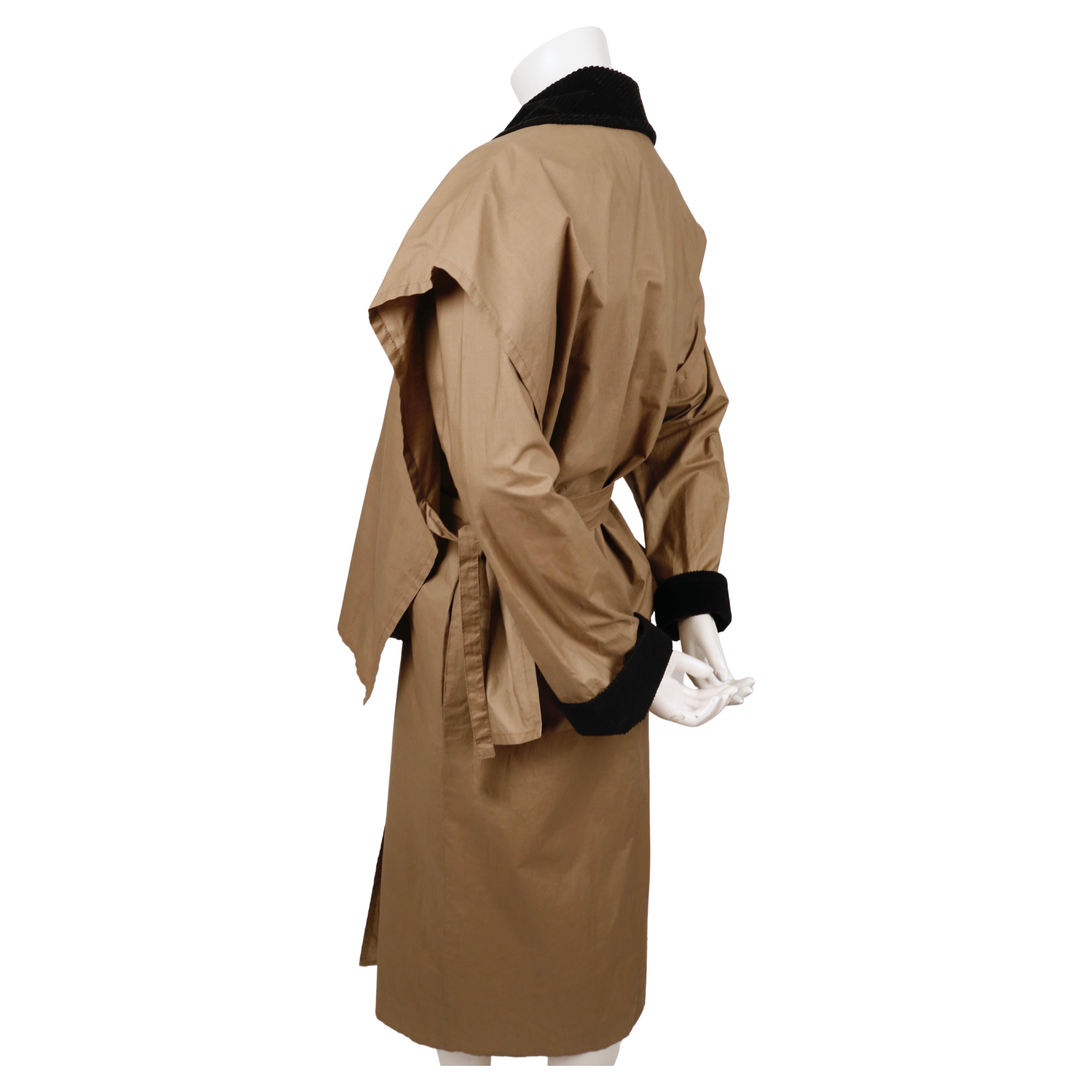 1970s SONIA RYKIEL tan lightweight trench coat with black corduroy trim and cape For Sale 2