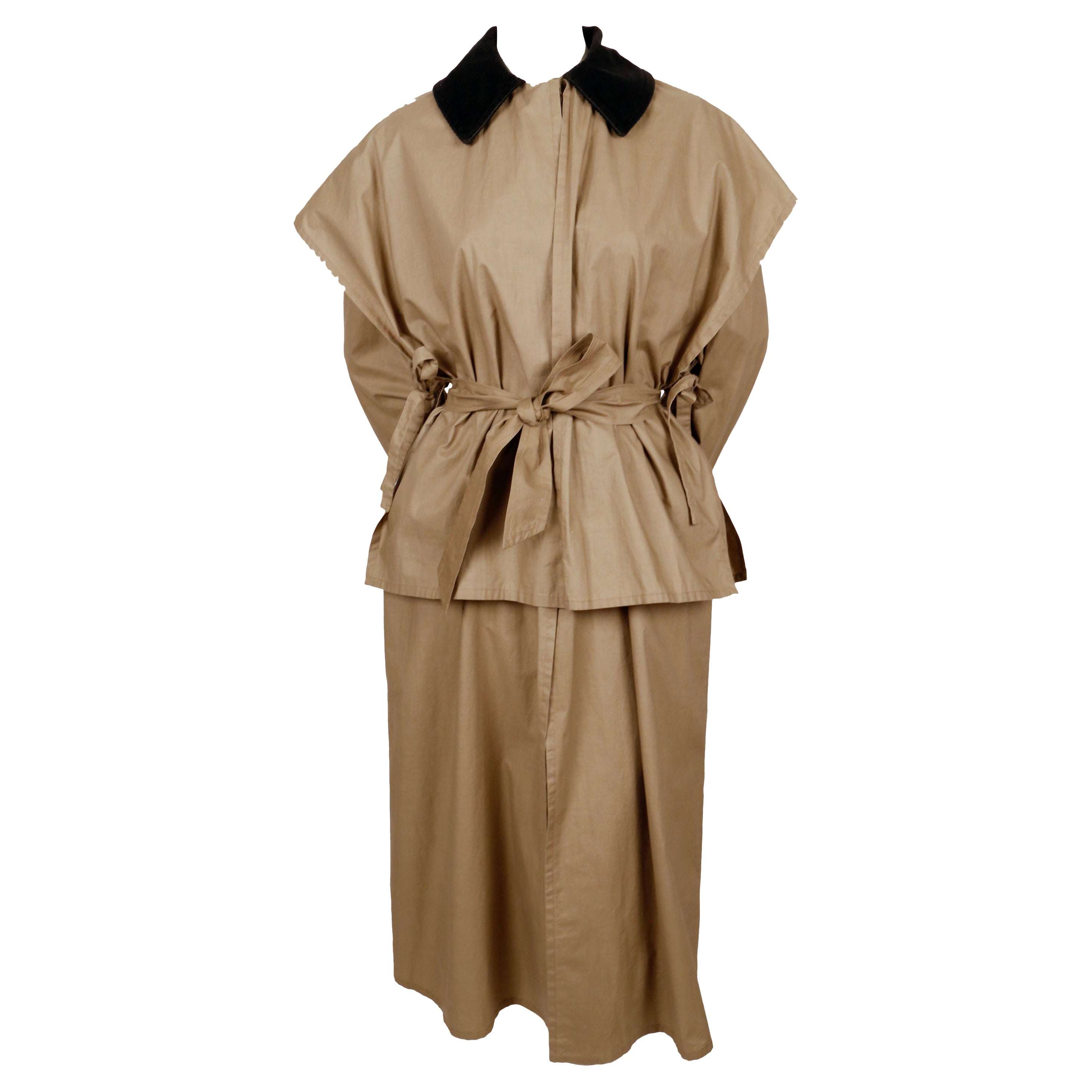 1970s SONIA RYKIEL tan lightweight trench coat with black corduroy trim and cape For Sale