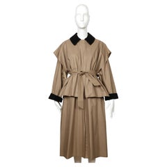 1970's SONIA RYKIEL tan lightweight trench coat with black corduroy trim & cape