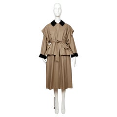 1970's SONIA RYKIEL tan lightweight trench coat with black corduroy trim & cape