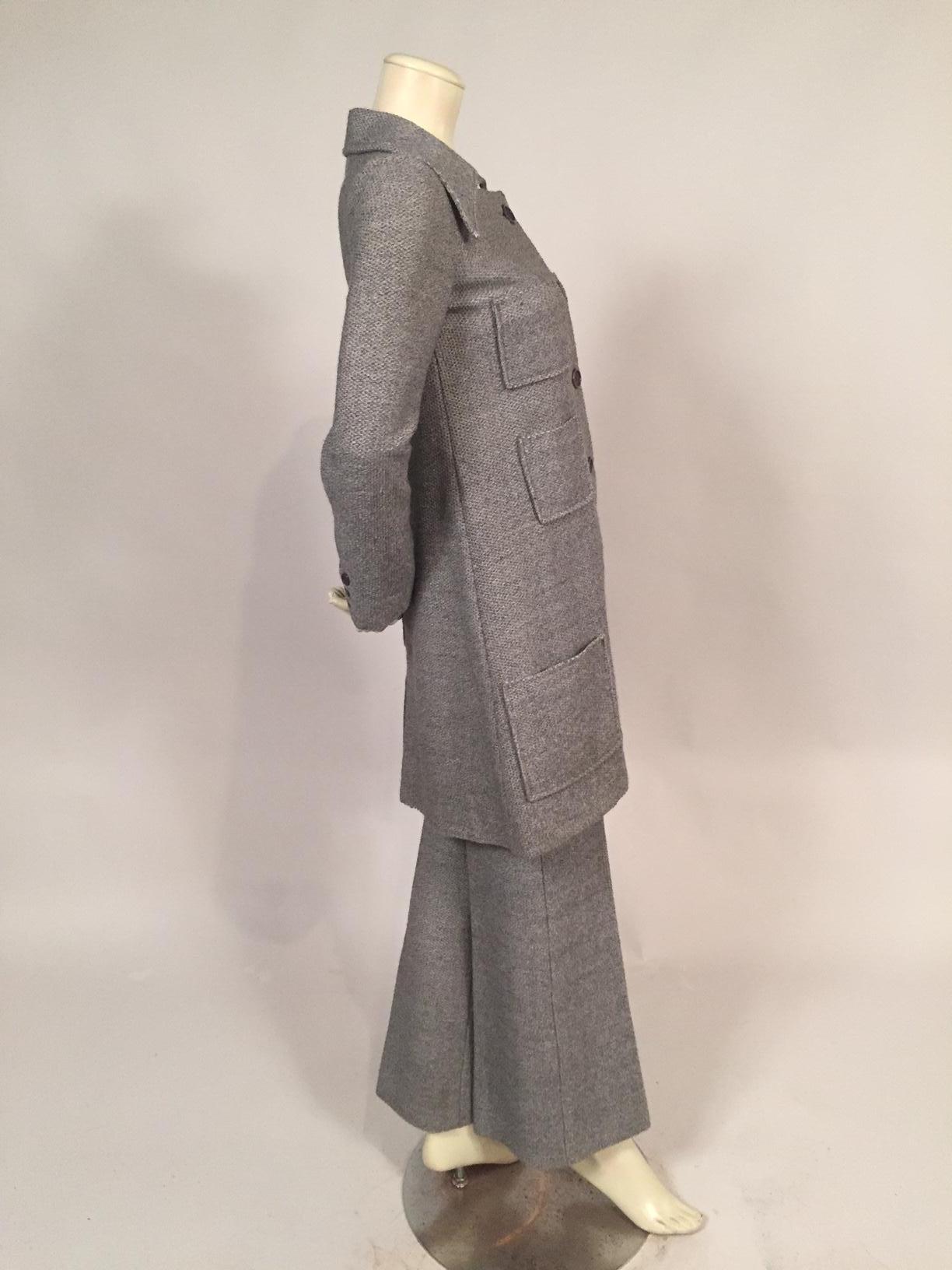 Gray 1970's Sonia Rykiel Wool Tweed Six Pocket Coat and Matching Trousers For Sale