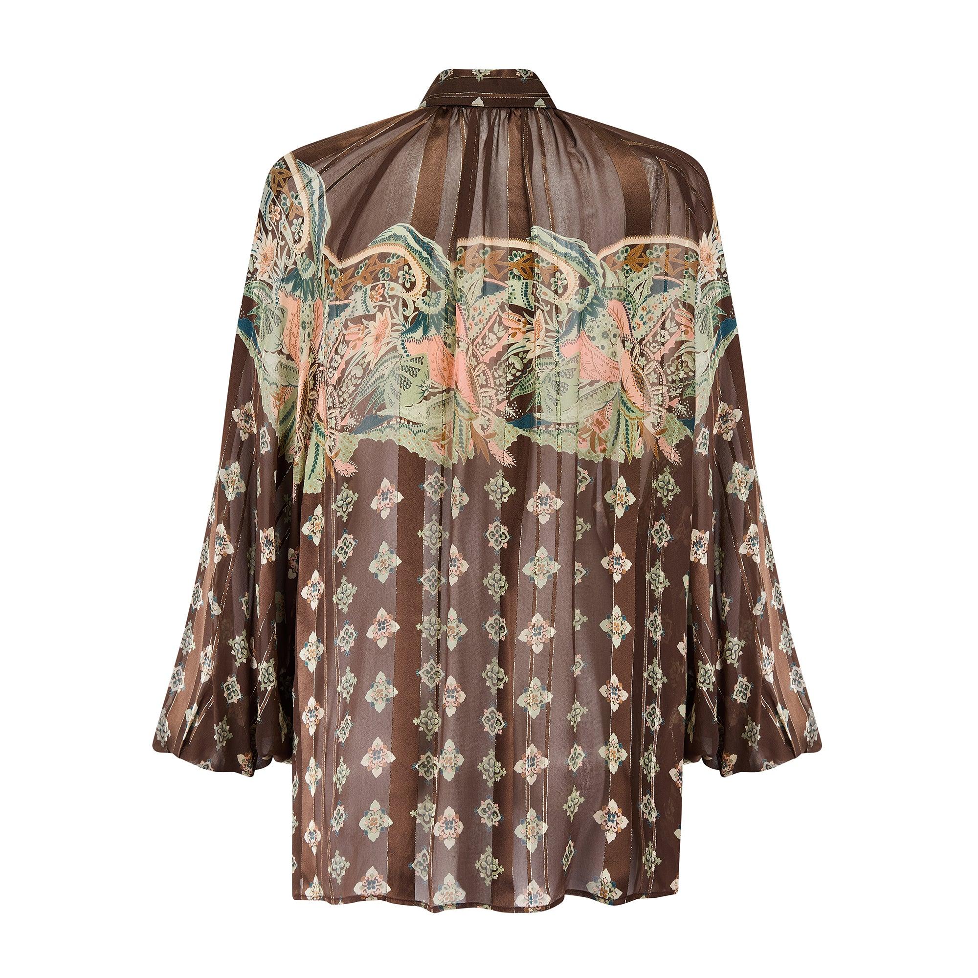 1970s Sorelle Fontana Brown Printed Silk Top with Gold Lurex In Excellent Condition For Sale In London, GB