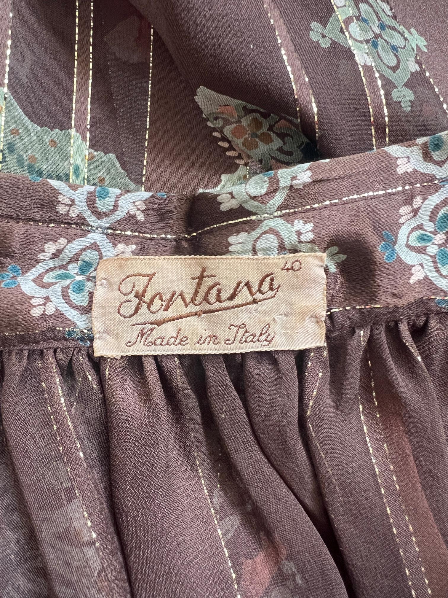 1970s Sorelle Fontana Brown Printed Silk Top with Gold Lurex For Sale 1