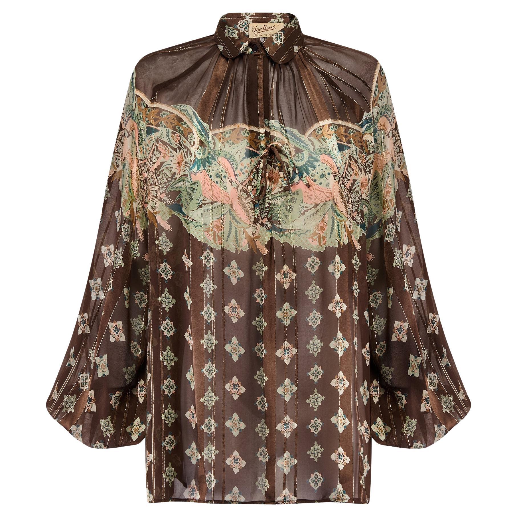 1970s Sorelle Fontana Brown Printed Silk Top with Gold Lurex For Sale