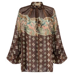 Sorelle Fontana anni '70, top in seta stampata marrone con lurex oro
