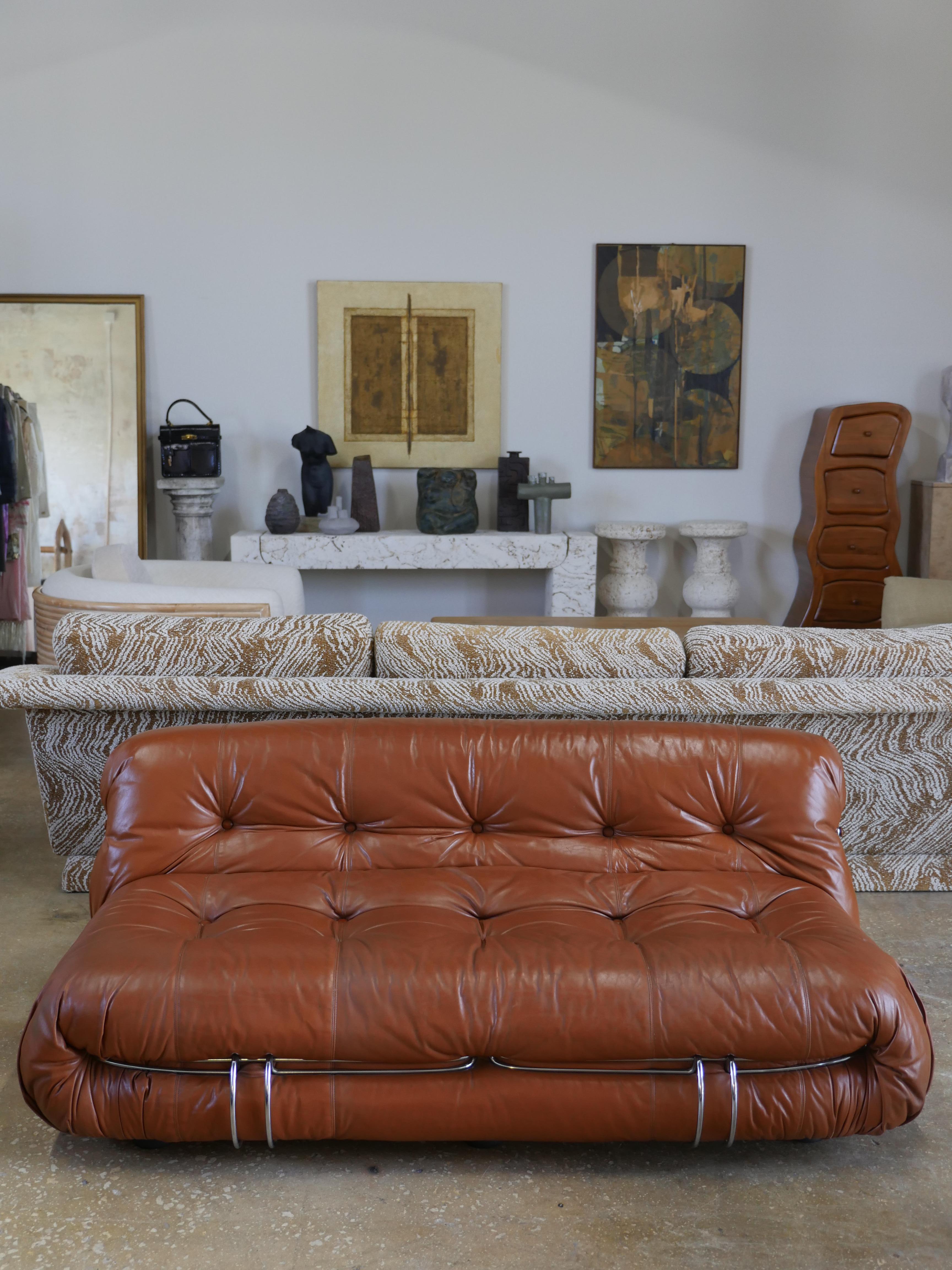 Mid-Century Modern 1970s Soriana Cognac Leather Settee by Afra and Tobia Scarpa for Cassina