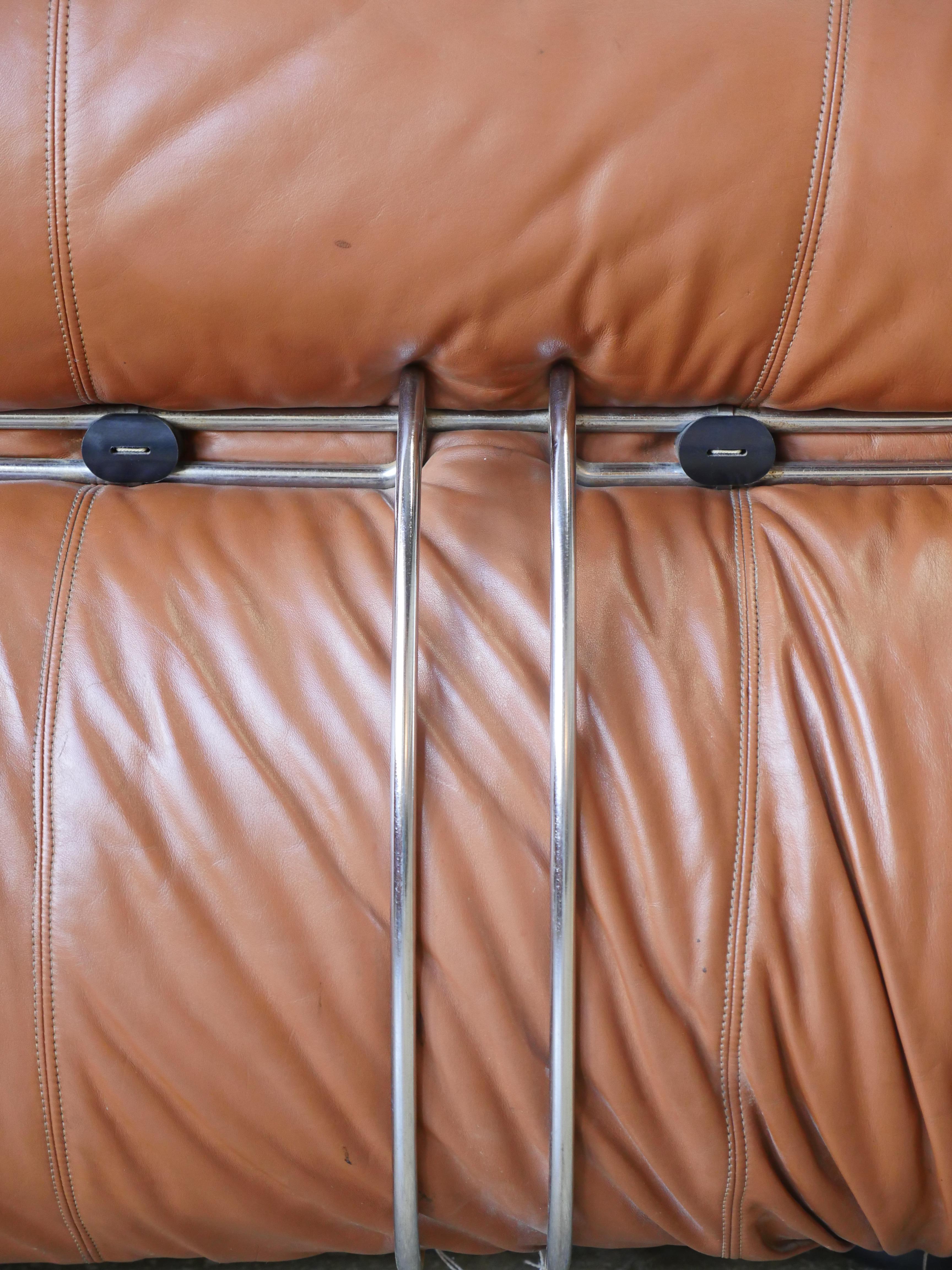Steel 1970s Soriana Cognac Leather Settee by Afra and Tobia Scarpa for Cassina