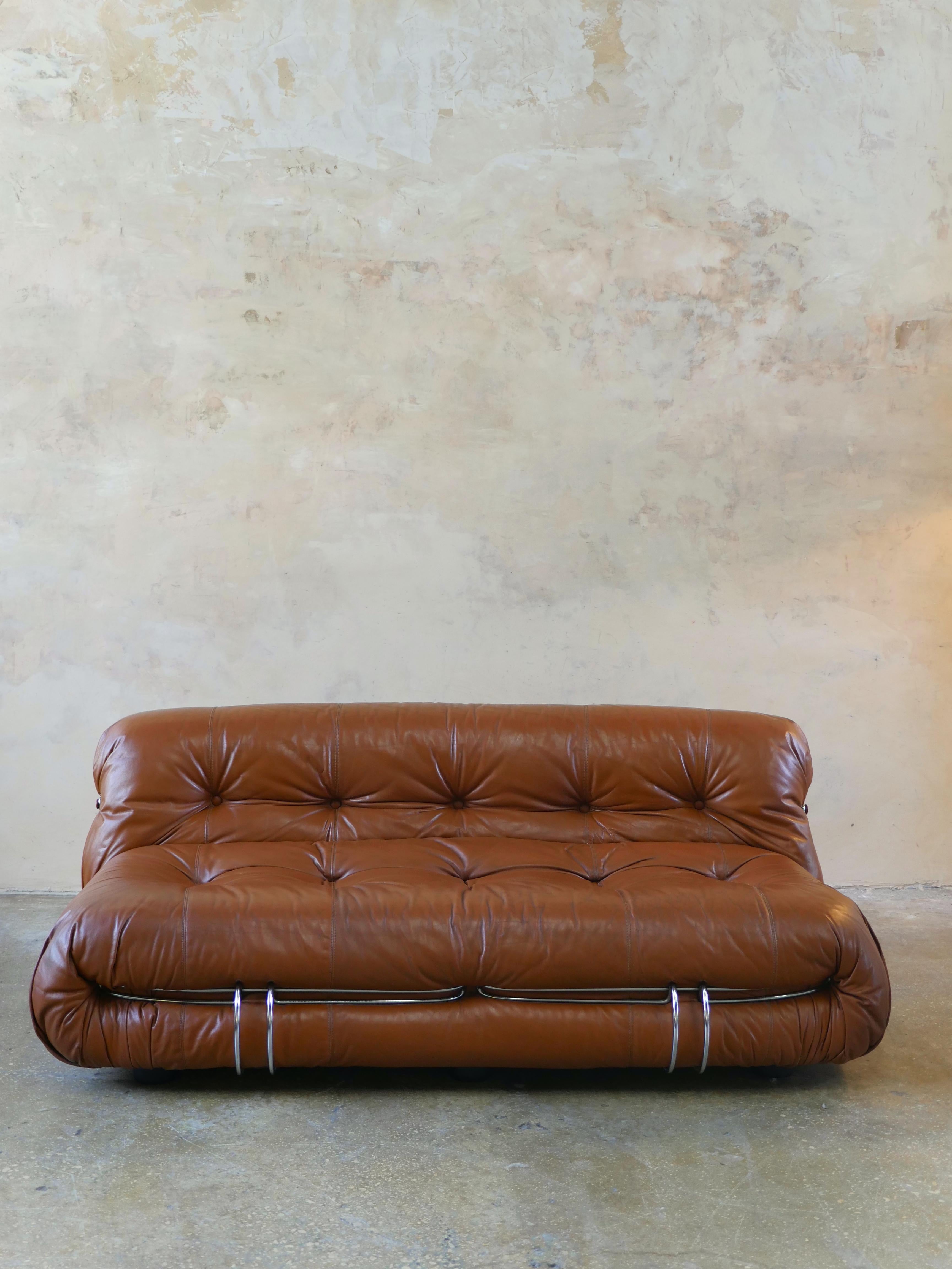 1970s Soriana Cognac Leather Settee by Afra and Tobia Scarpa for Cassina 2