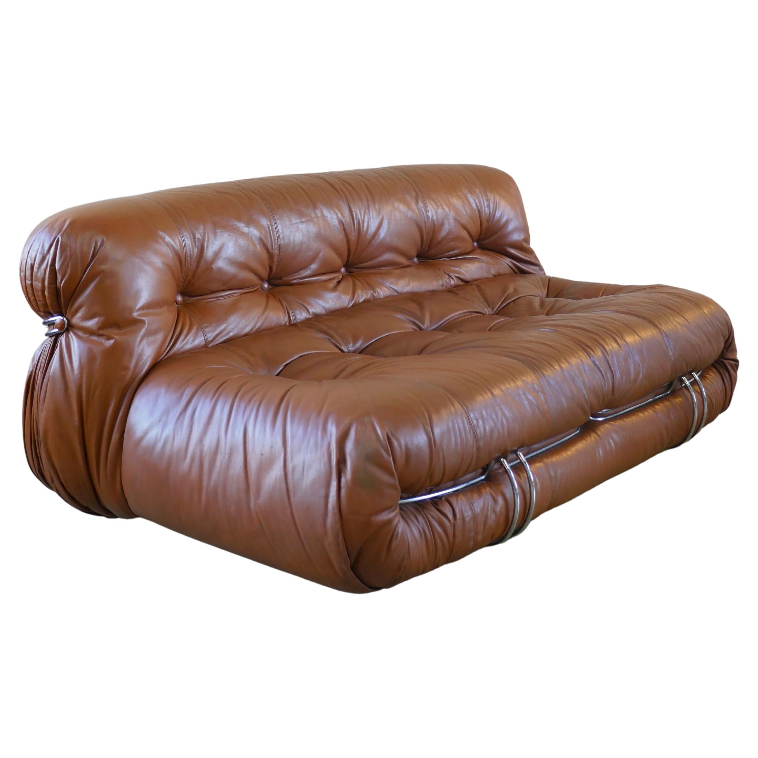 1970s Soriana Cognac Leather Settee by Afra and Tobia Scarpa for Cassina