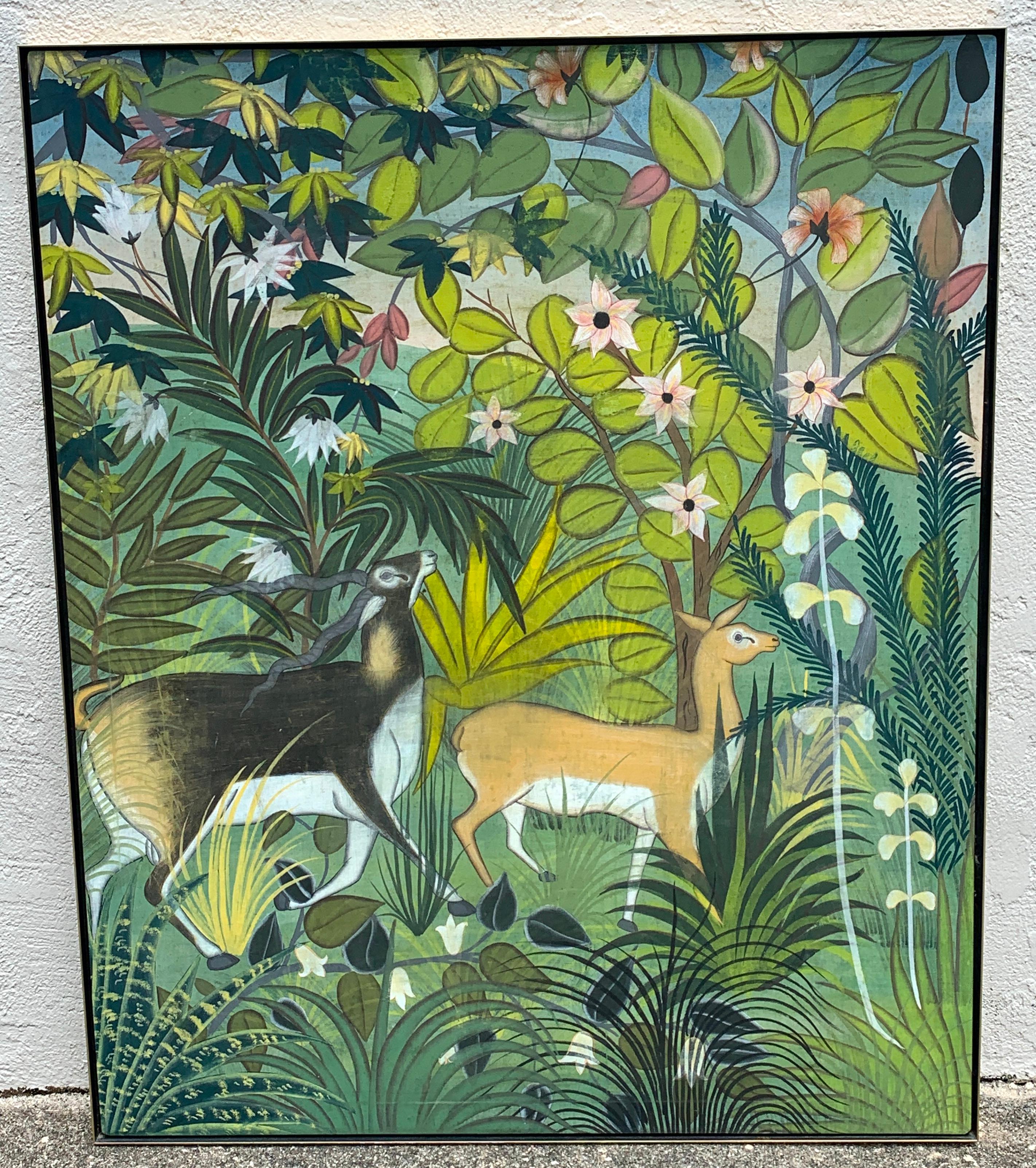 1970s Southeast Asian Batik style painting antelope in jungle
Great colors, finely detailed, mounted on wooden stretcher and framed
Work: 38
