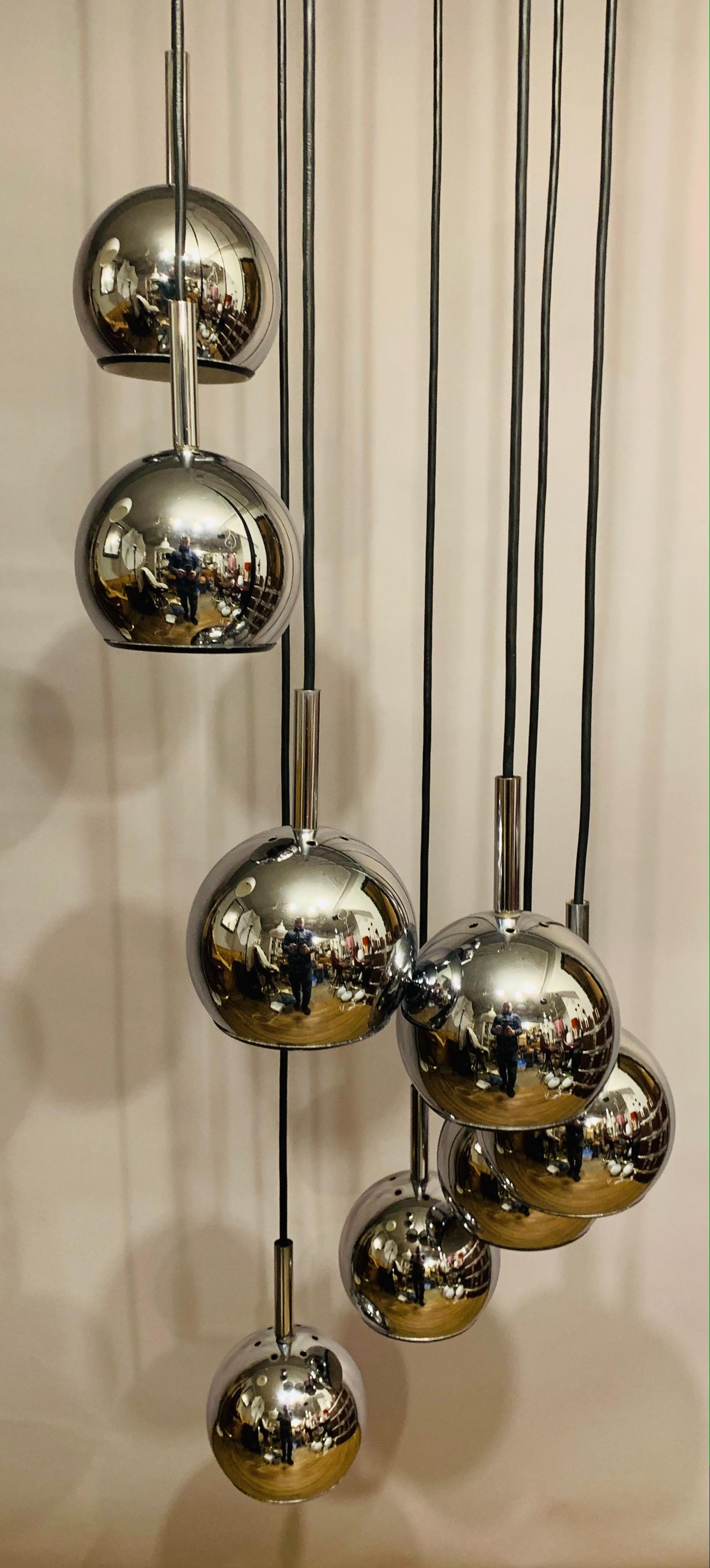 1970s Space Age 8 Chrome Cascading Globe with Black Wire Hanging Ceiling Light 4