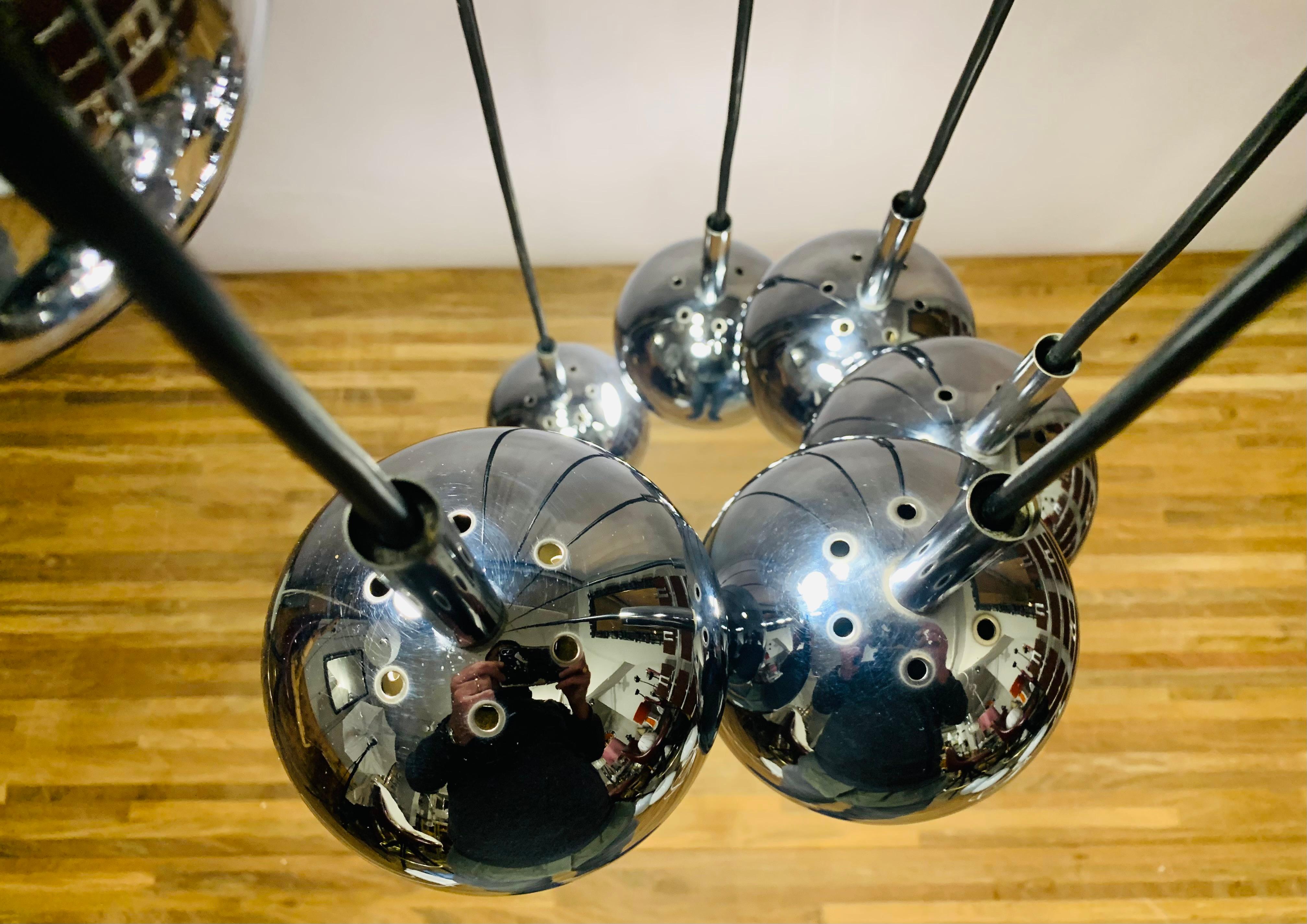 1970s Space Age 8 Chrome Cascading Globe with Black Wire Hanging Ceiling Light 9