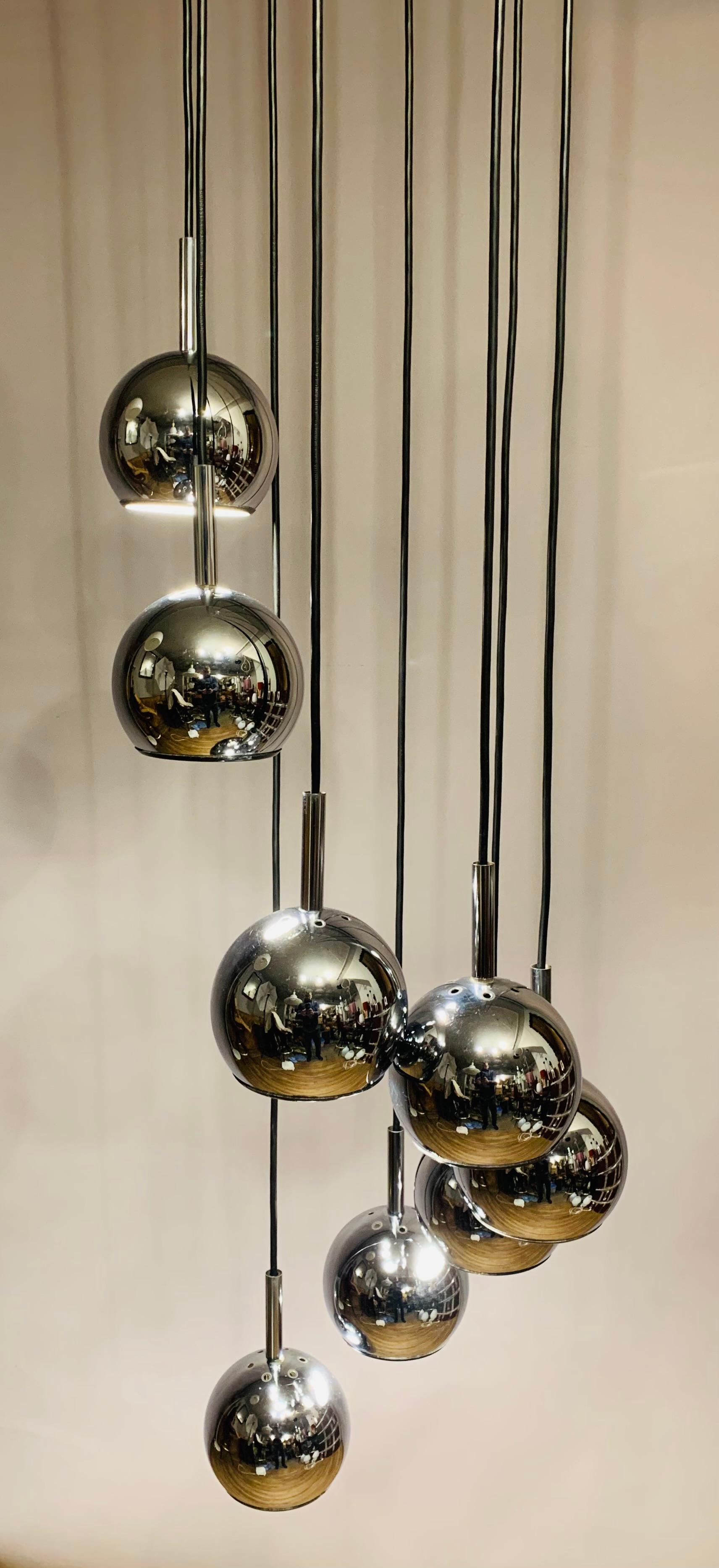 German 1970s Space Age 8 Chrome Cascading Globe with Black Wire Hanging Ceiling Light