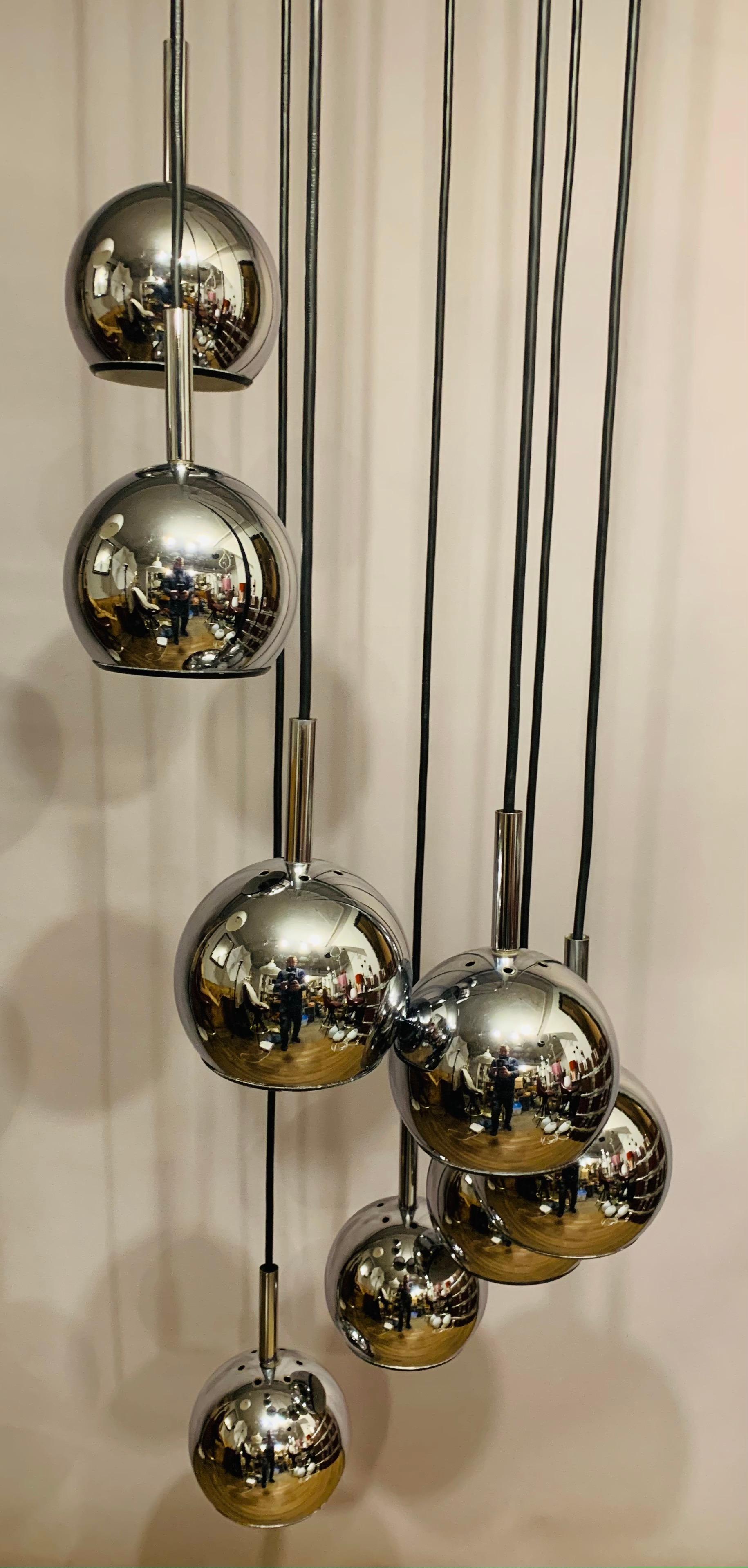 1970s Space Age 8 Chrome Cascading Globe with Black Wire Hanging Ceiling Light 1