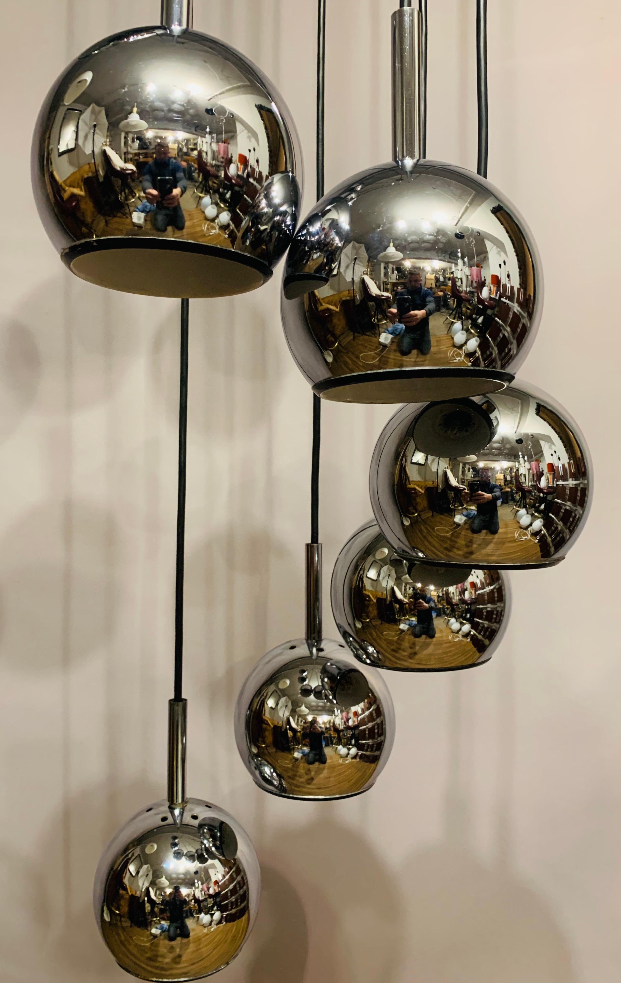 1970s Space Age 8 Chrome Cascading Globe with Black Wire Hanging Ceiling Light 3