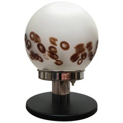 1970s Space Age Art Glass and Chrome Table Lamp with Brown and White Inclusions