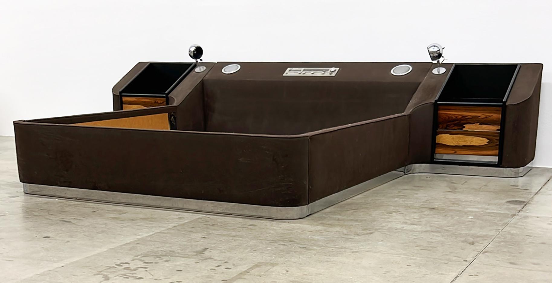 Mid-Century Modern 1970's Space Age Bed in Brown Suede, Chrome and Rosewood, Cal King
