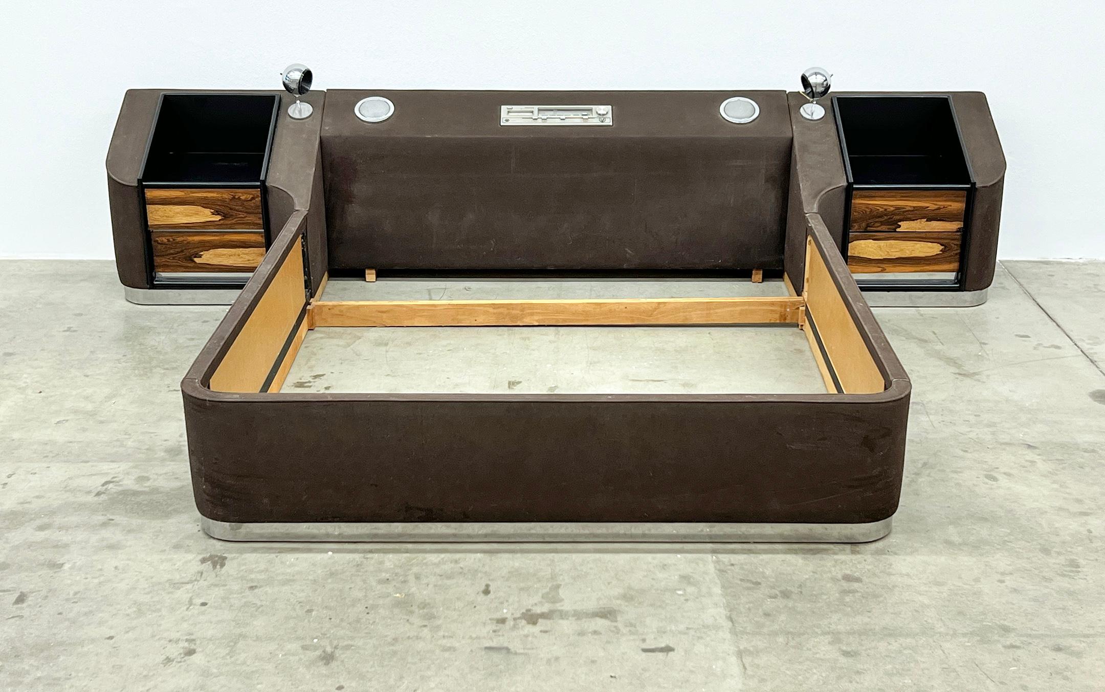1970's Space Age Bed in Brown Suede, Chrome and Rosewood, Cal King 1