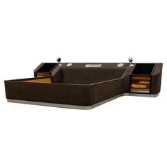 1970's Space Age Bed in Brown Suede, Chrome and Rosewood, Cal King