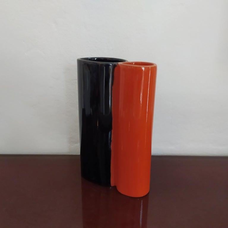 Mid-Century Modern 1970s Space Age Black and Orange Vase in Ceramic by Gabbianelli, Made in Italy