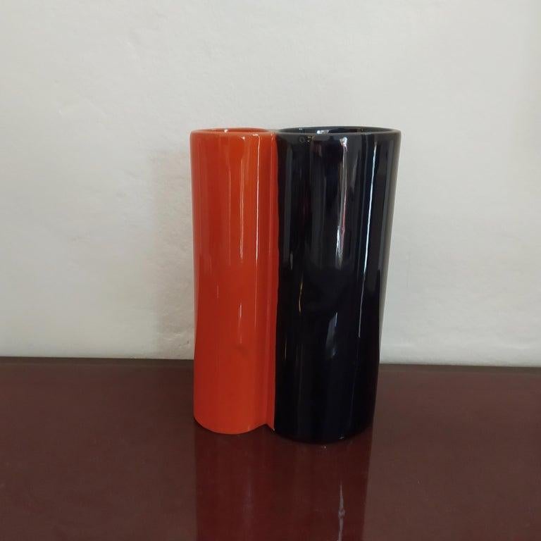 European 1970s Space Age Black and Orange Vase in Ceramic by Gabbianelli, Made in Italy