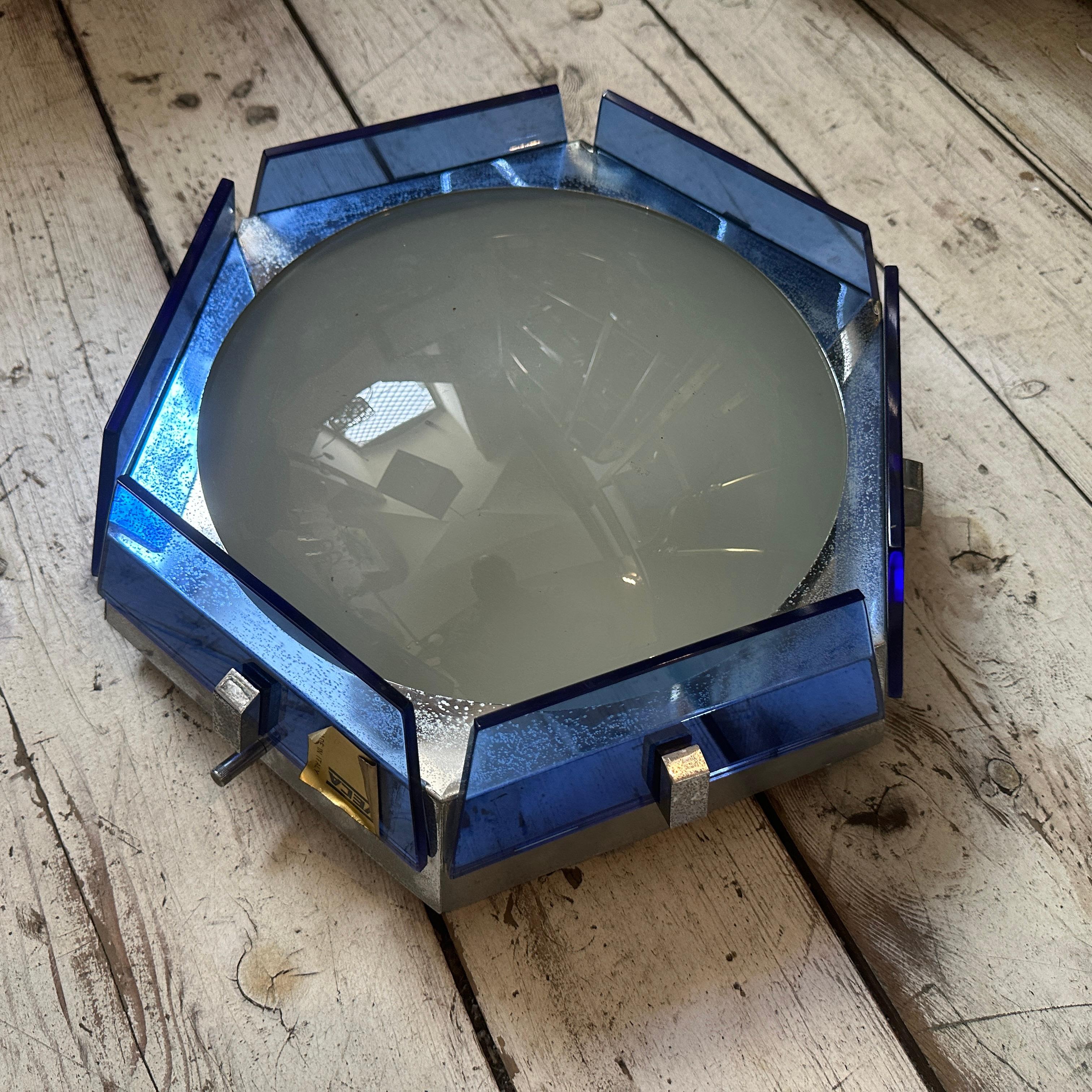 1970s Space Age Blue Glass Hexagonal Italian Ceiling Light by Veca 6