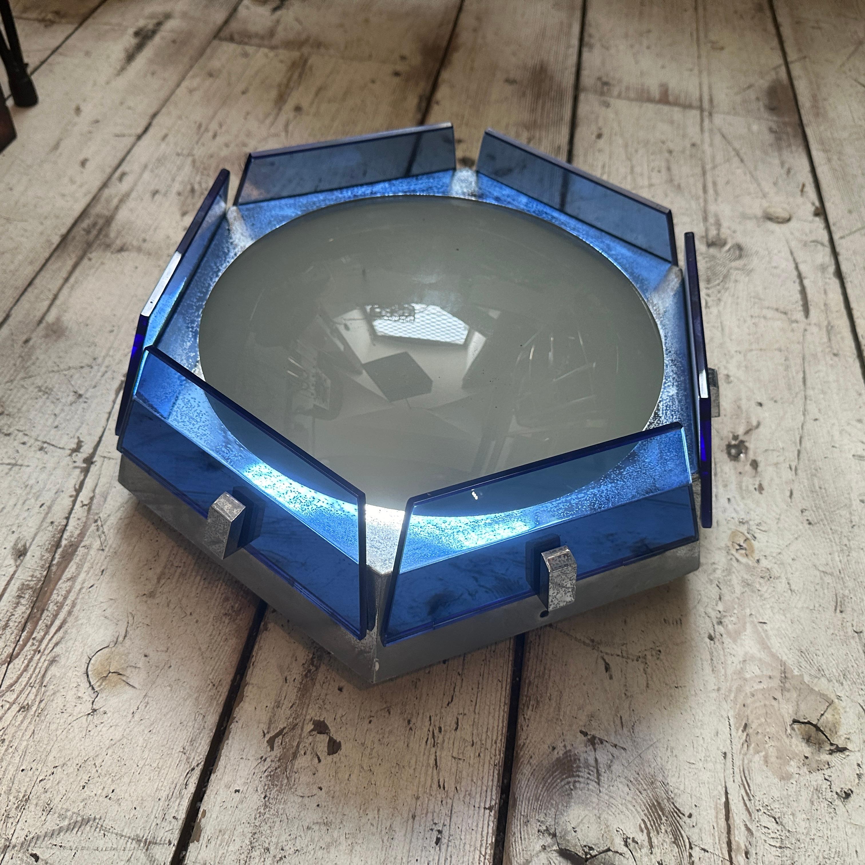 1970s Space Age Blue Glass Hexagonal Italian Ceiling Light by Veca 3