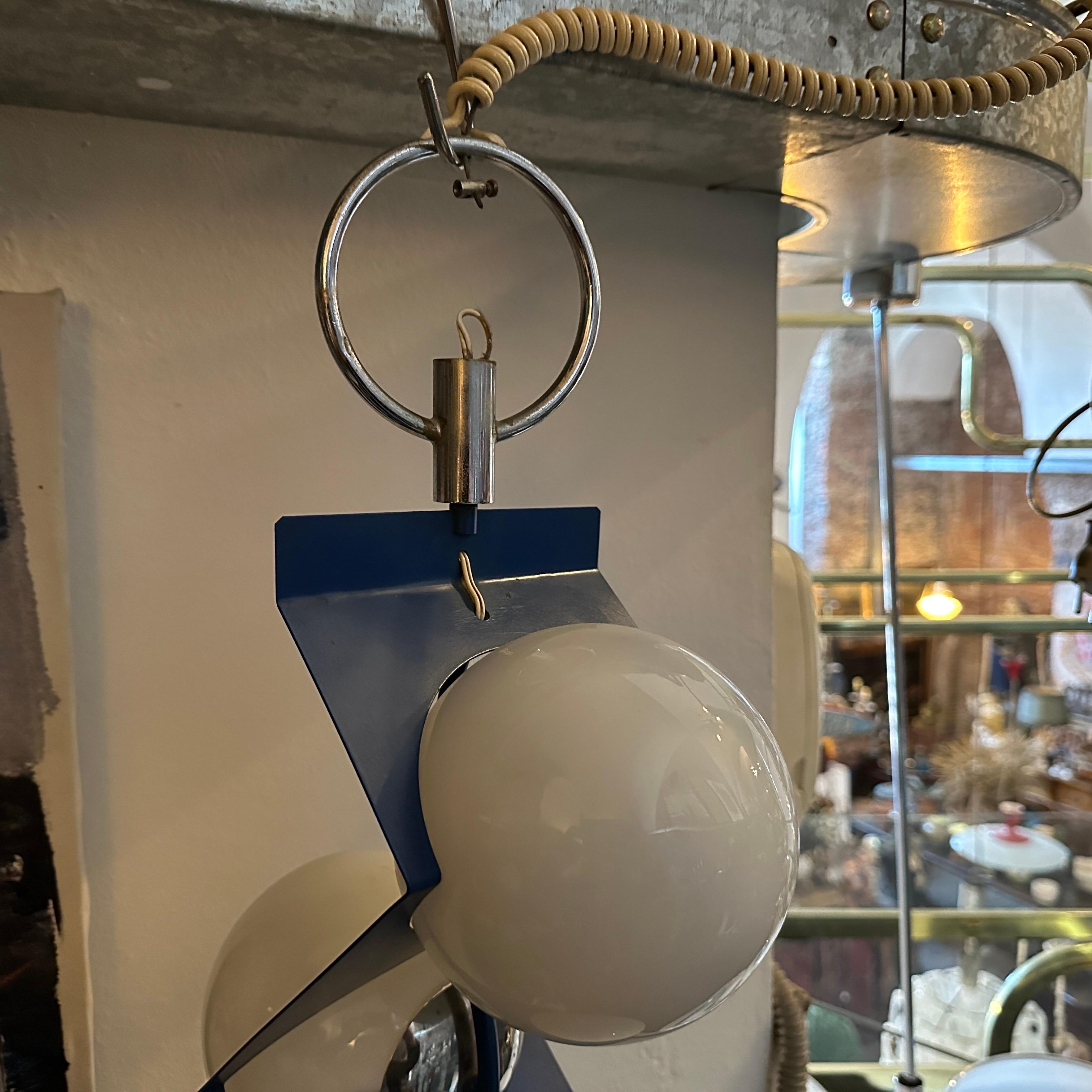 1970s Space Age Blue Metal and White Glass Italian Pendant For Sale 1