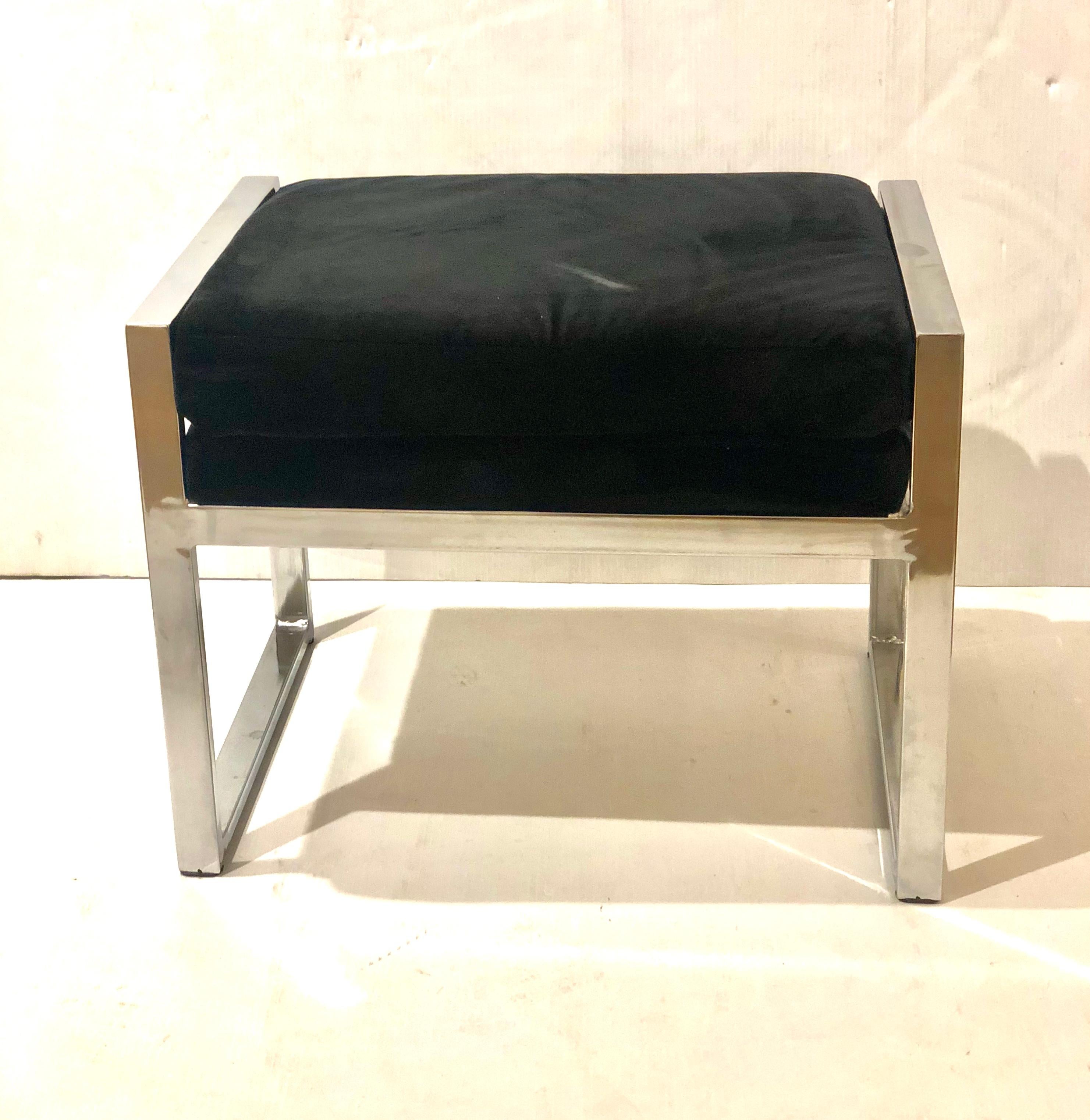 Small versatile vanity stool in chrome finish with black velvet upholstery we have polished the item, its solid and sturdy the material looks very clean with light wear.