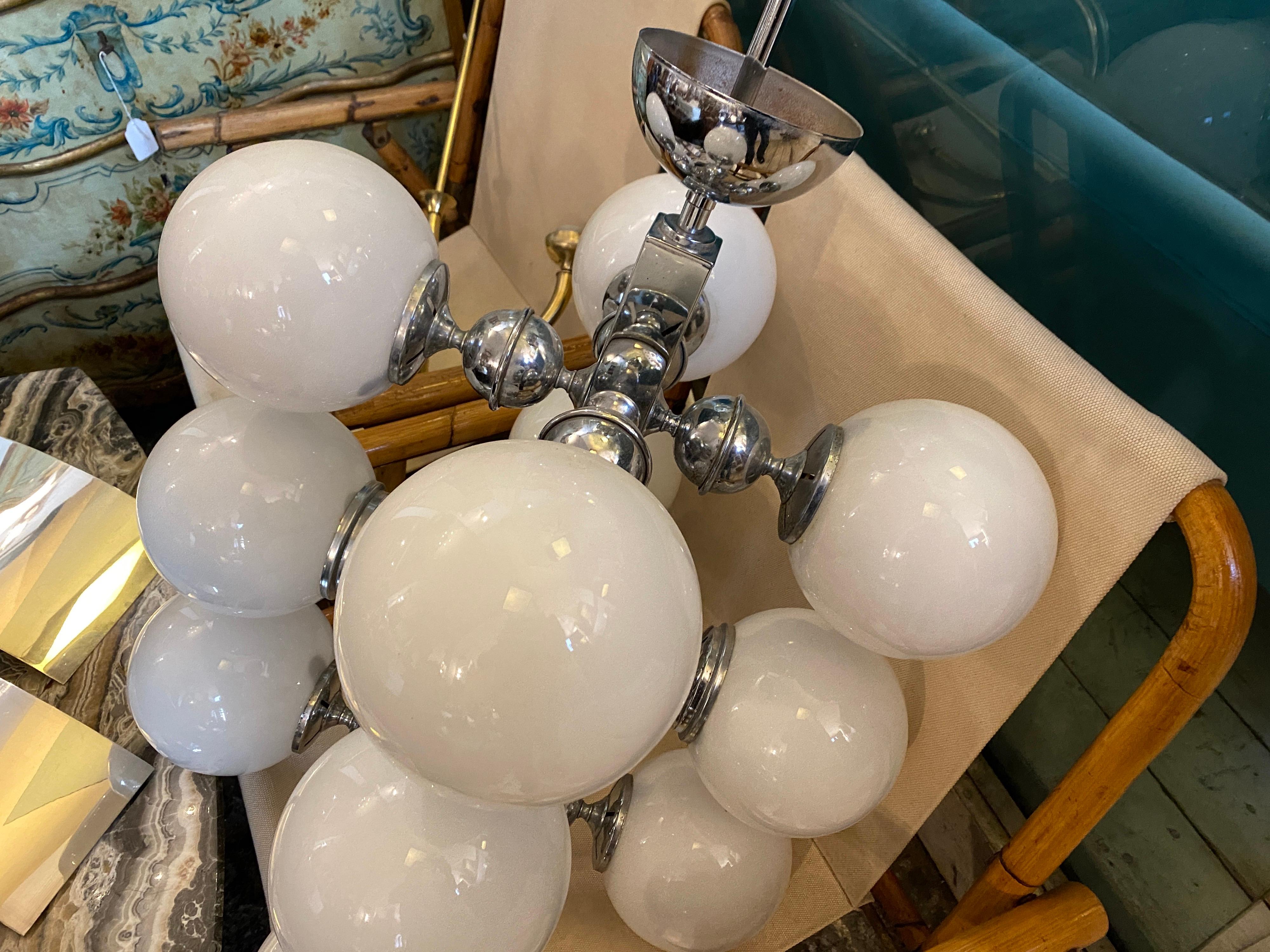1970s Space Age Chromed Metal and Opaline Italian Chandelier by Reggiani 8
