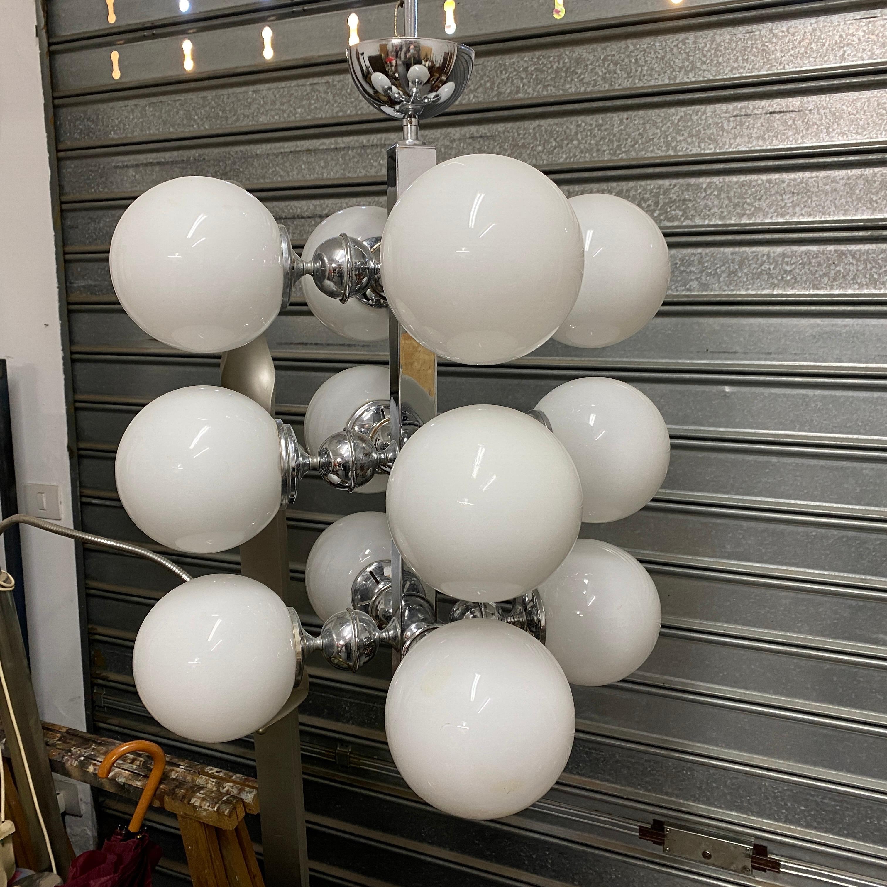 1970s Space Age Chromed Metal and Opaline Italian Chandelier by Reggiani 2